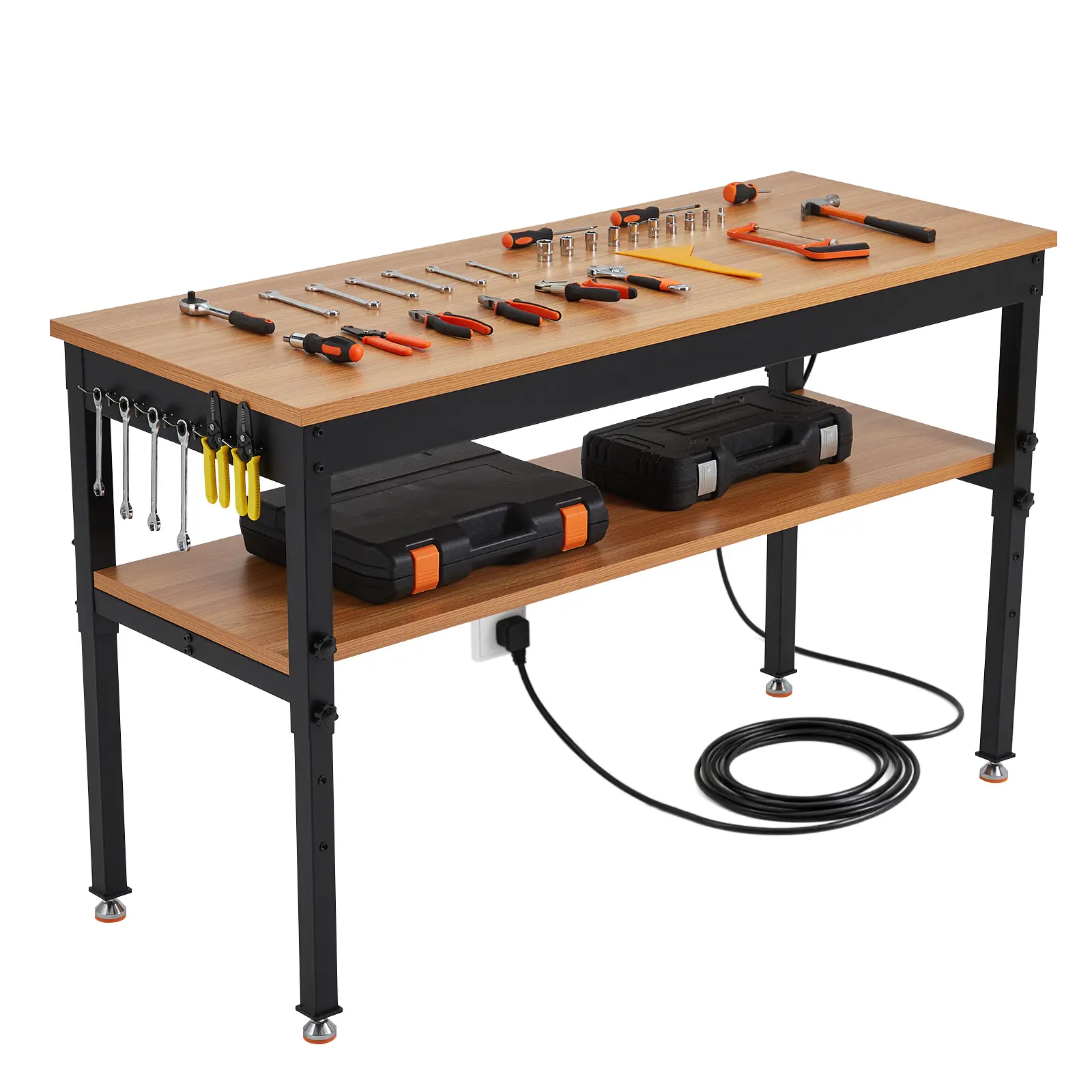 Work Bench with Storage Shelf 48"/60", 2500LBS Load Adjustable Height Workbench, Heavy Duty Hardwood Top Tool Bench, ETL Power Strip, Tool-Free Height Adjust Worktable with 6 Tool Hooks for Garage Workshop Home Commercial Office