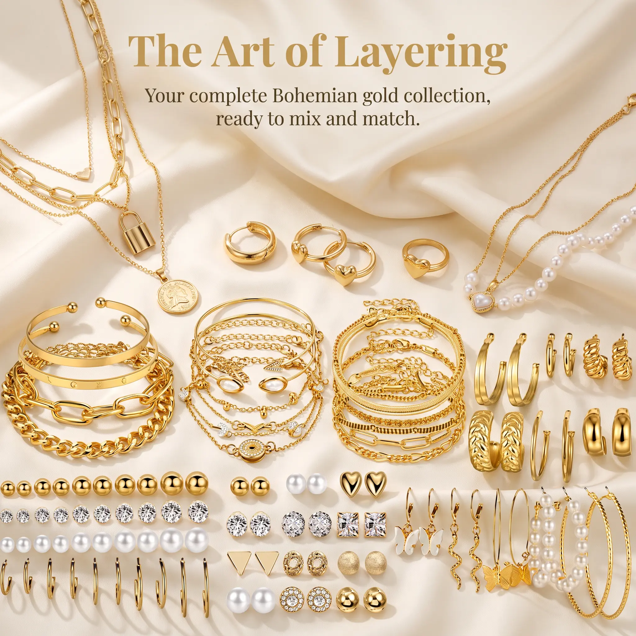 108PCS Gold Plated Jewelry Set for Women, Trendy Layered Fashion Collection Including Necklaces, Bracelets, Stackable Rings & Dainty Earrings, Versatile Daily Outfit Accessories