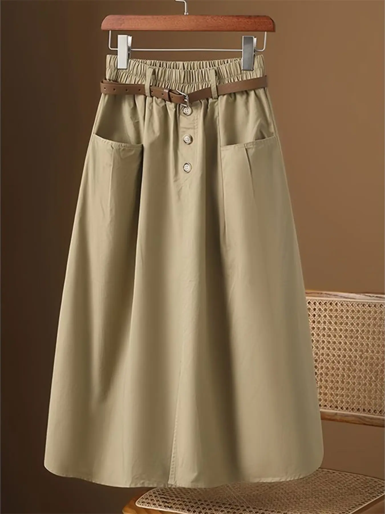 High Waist Casual Midi Skirt for Women, Four-Season Workwear Pocket Design, Versatile A-Line Fit, Loose and Slimming Dress