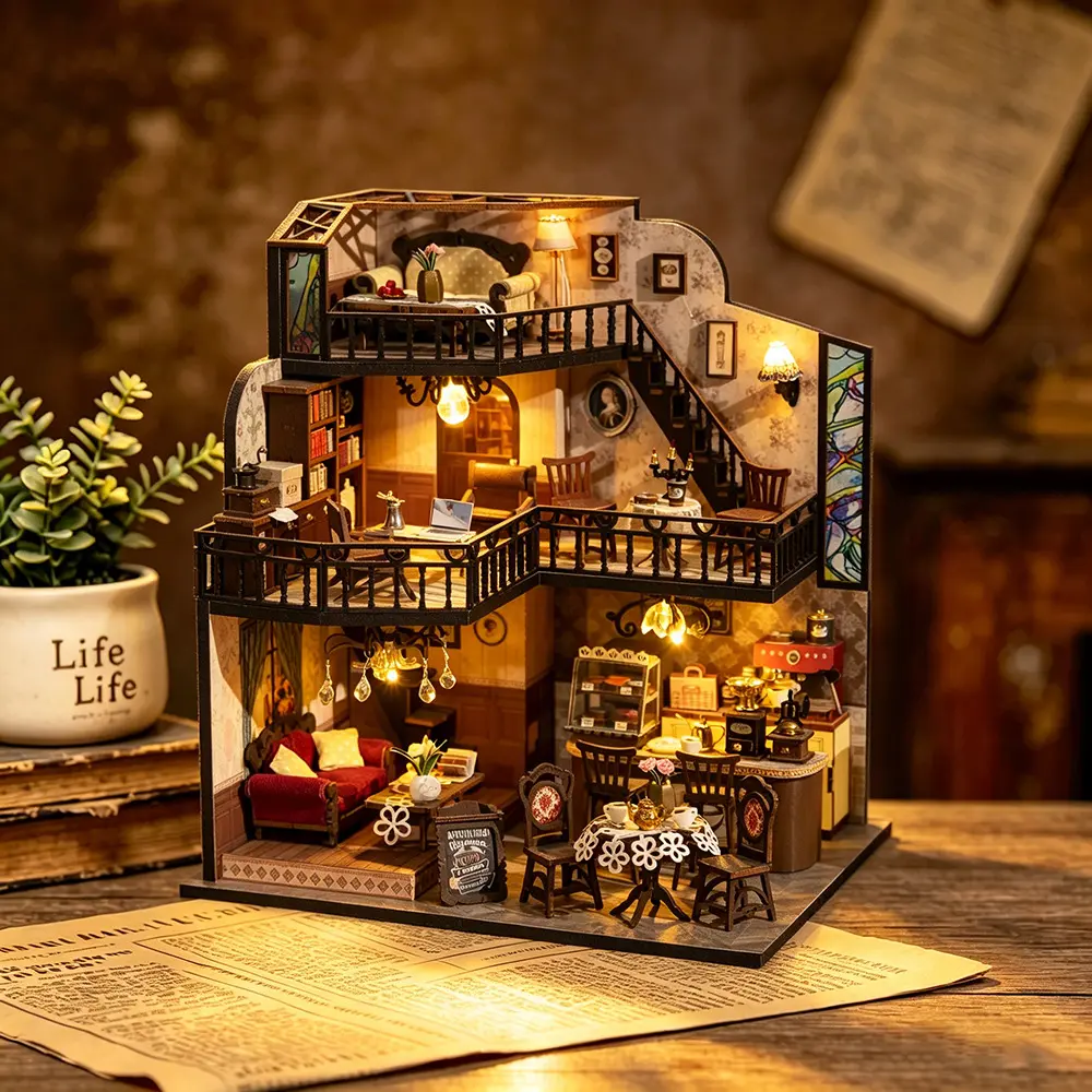 Miniature Vintage Coffee Shop, American Retro Study Room, Loft, Table Lamp, Coffee Table, Home Bookshelf Decoration, Collector's Handmade Model