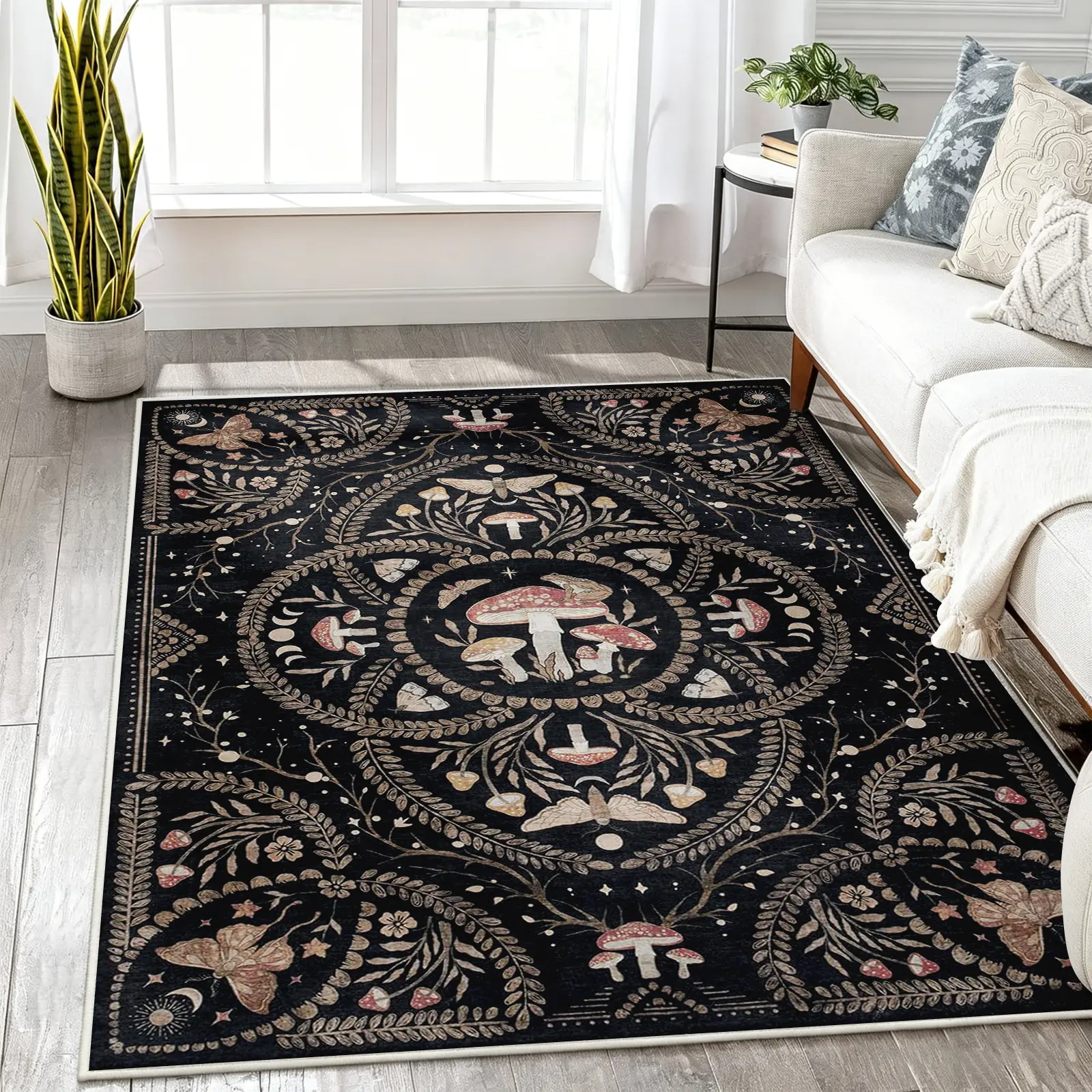 1pc Modern Faux Wool Indoor Area Rug - 8x10ft Mystical Boho Black Base Carpet with Botanical & Mushroom Medallion, Soft, Non-Slip, Machine-Washable, Stain-Resistant, Low-Pile, Multi-Size Option, Rugs for Bedroom, Living Room Decor