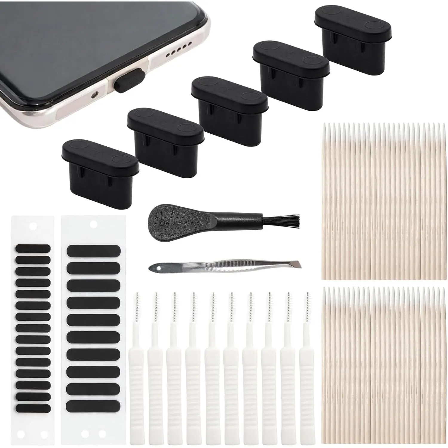 91 count USB C Dust Plug and Speaker Dust Proof Kit,  Port Cover with Speaker Dust Sticker, Type C Port Cleaner Kit with Brush and Swabs Anti Dust Compatible for 15 16 17 Pro Max Plus