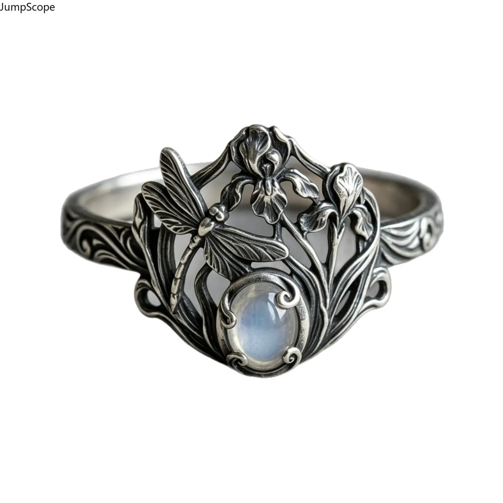 Women's Antiqued Silver-Plated Dragonfly Iris Flower Motif Open Filigree Statement Ring - MDF+Steel Art Nouveau Vintage Band for Boho Indoor Leisure Use (Indoor Recreation Accessory)