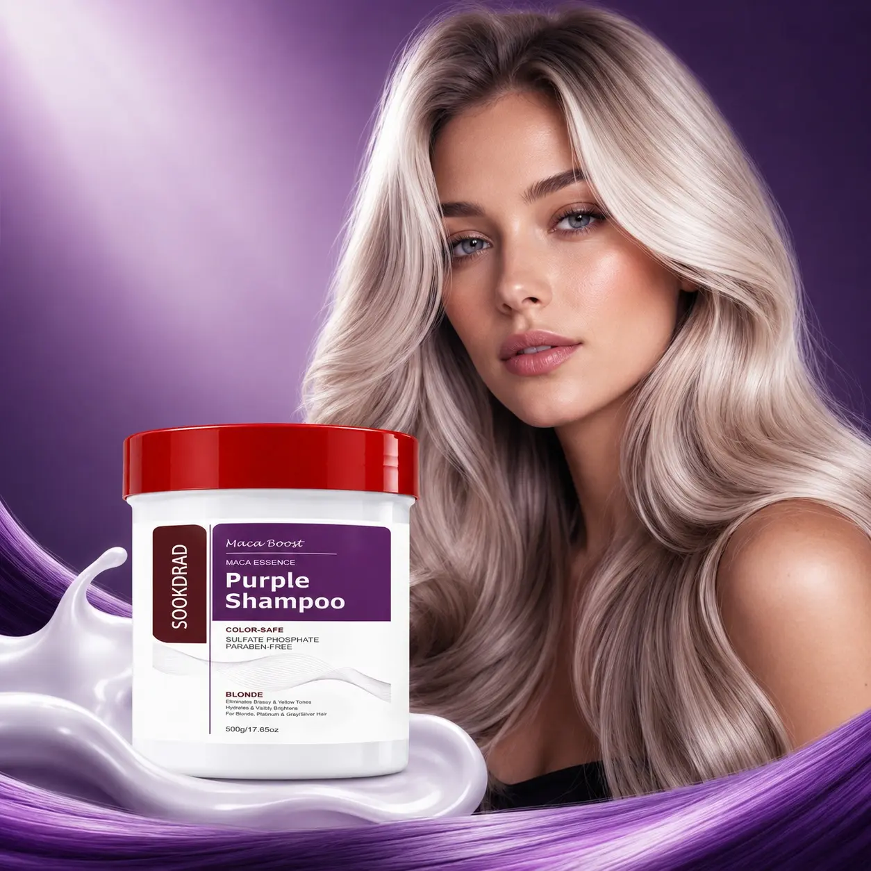 Purple Shampoo, Maca Boost, Maca Essence, Eliminates Brassy Yellow Tones, Hydrates, Visibly Brightens, Color-Safe, Sulfate Phosphate Paraben-Free, For Blonde Platinum Gray Silver Hair, Haircare, 500g/17.65oz