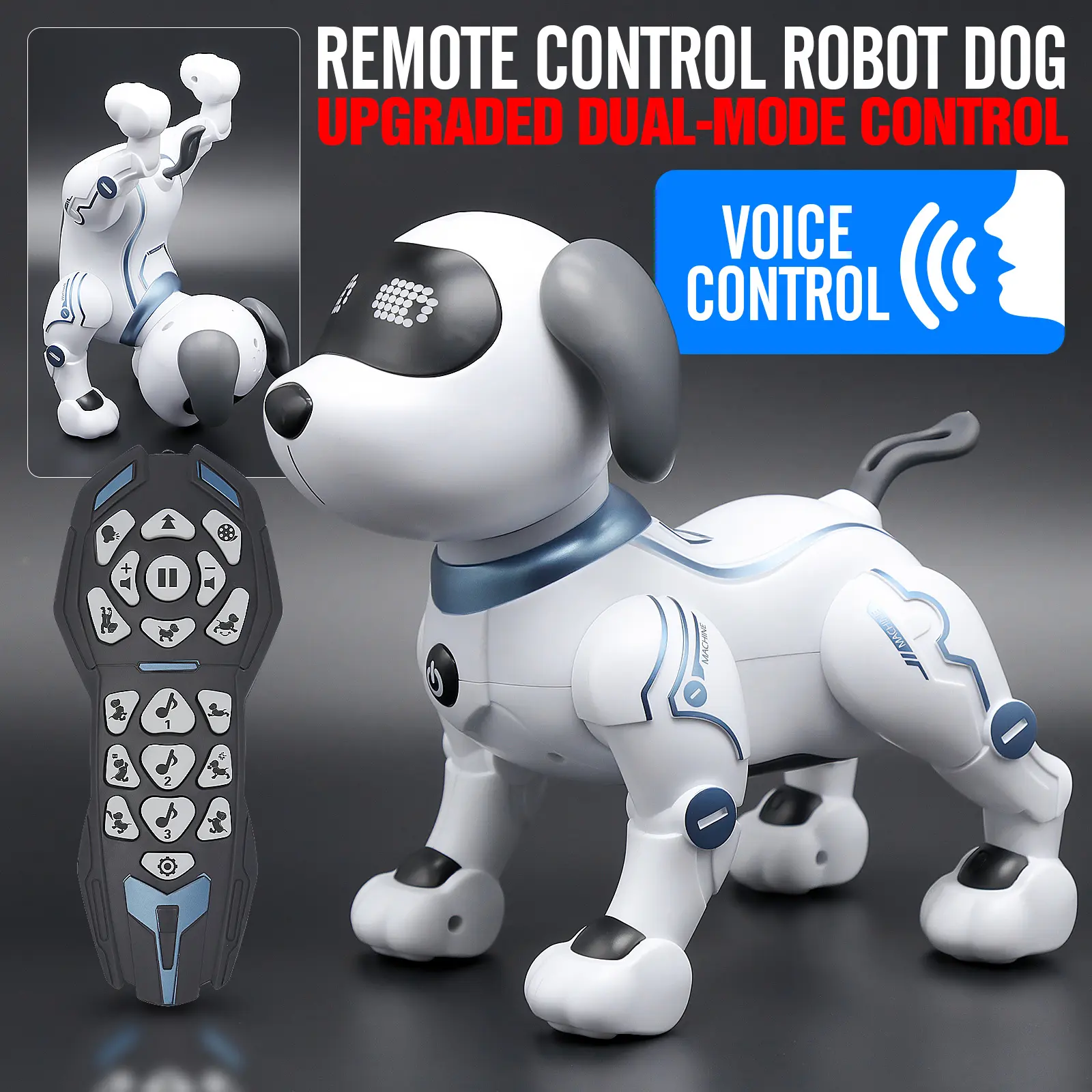 Upgrade the robotic dog toy, with dual-mode control of remote control and voice commands, providing boys and girls with educational opportunities such as singing, dancing, electric stunts, pet dogs, and children's birthday gifts.