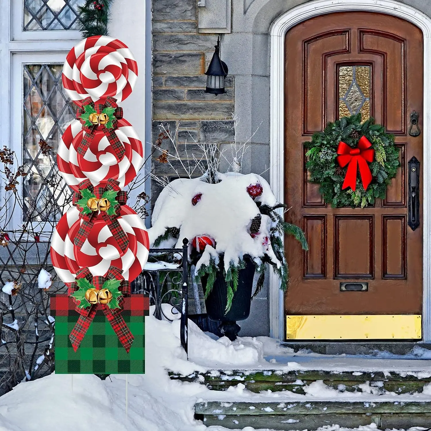 4 Pcs Christmas Candy Decorations, Outdoor Plaid Bow, Peppermint Lollipop Yard Stakes, Xmas Home Lawn Walkway Themed Party