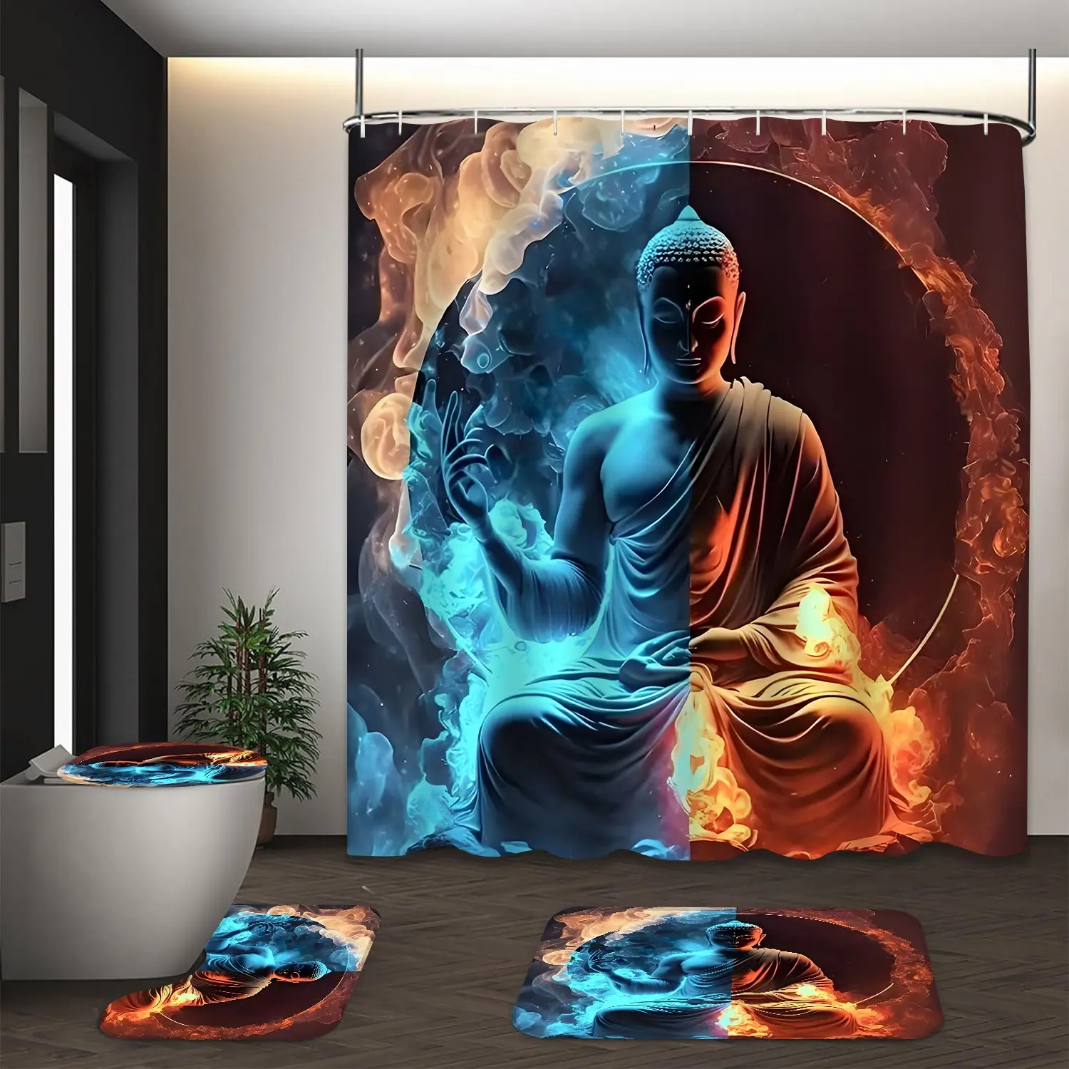 LVRLVR 4Pcs Split Color Buddha Statue Smoke Nebula Spiritual Zen Modern Abstract Art Style Blue Orange Dark Tone Shower Curtain Set 70.8×70.8 Inch