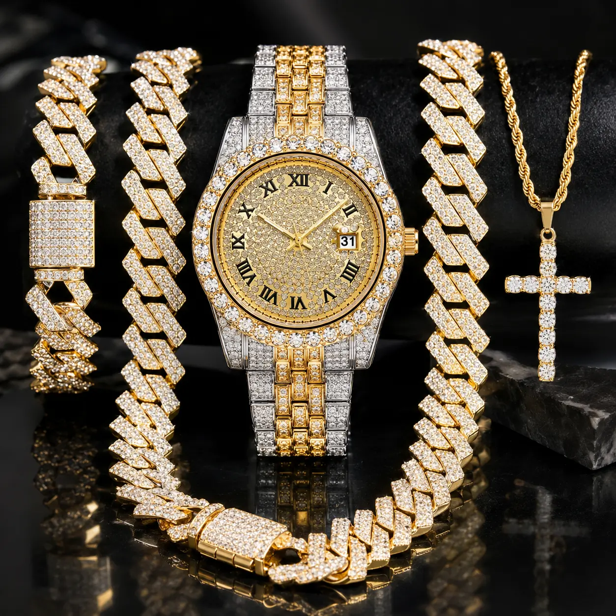 Men’s 4 Piece Hip Hop Jewelry Watch Set, Iced Out Rhinestone Quartz Watch with Cuban Link Bracelet and Cross Necklace