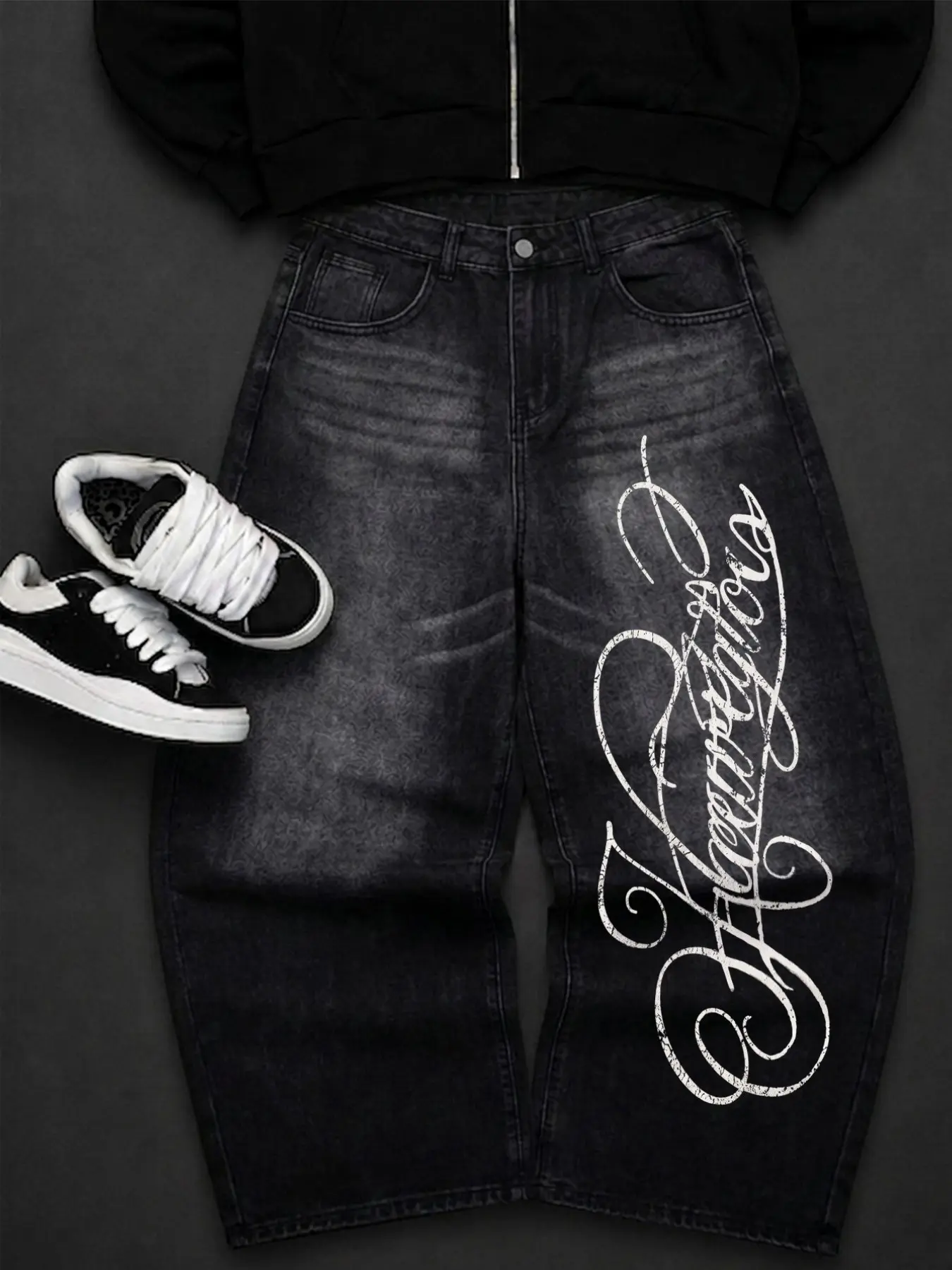 High Street Crackle Letter Print Knife Shape Streetwear Jeans, Loose-Fitting Patchwork Design, All-Seasons Plain Surface Denim Jeans