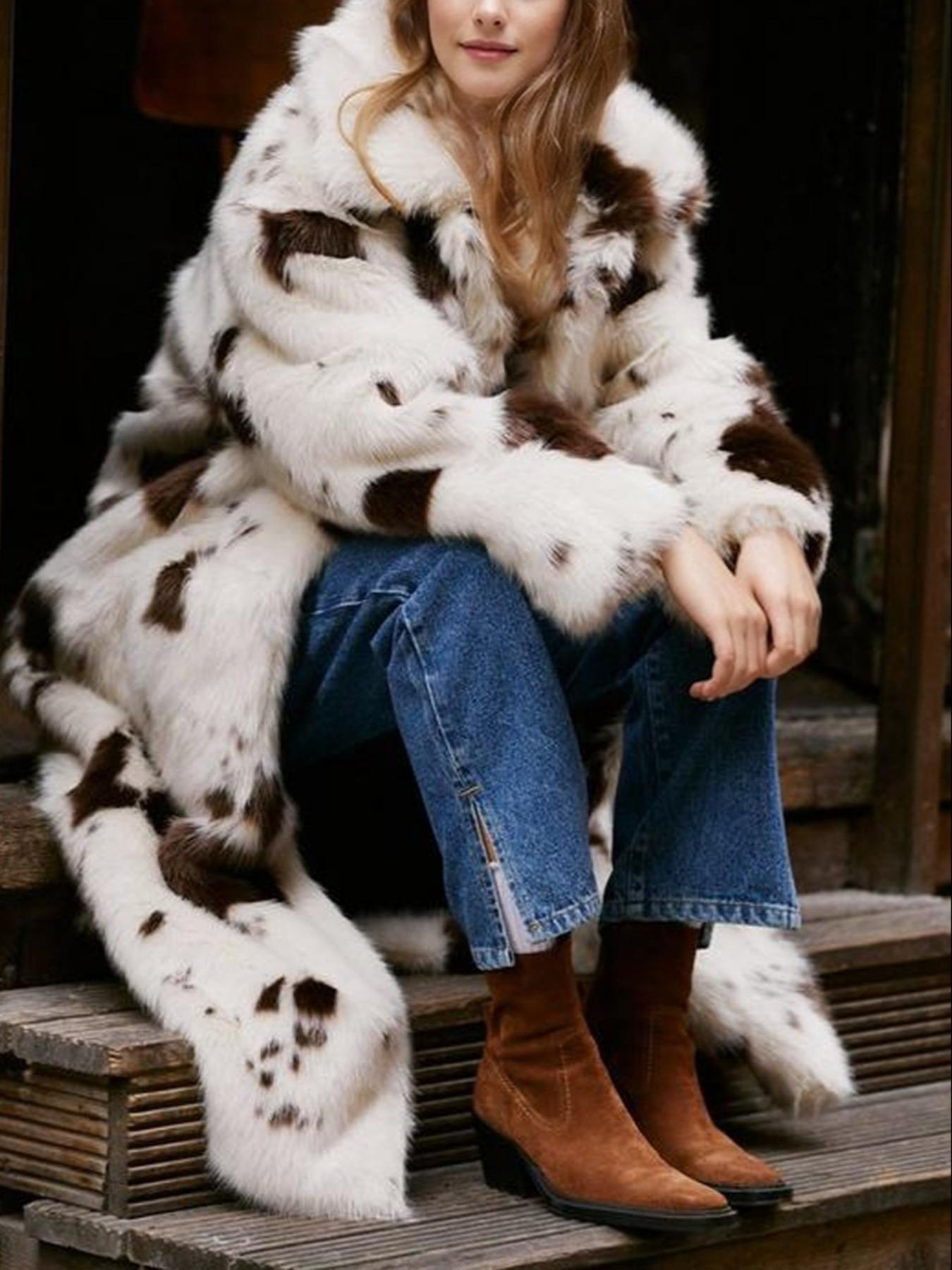 Women's Thick Fleece Faux Fur Coat with Lapel Collar, Stylish Casual Colorblock Patchwork Fitted Mid-Length Jacket for Fall & Winter, Soft Comfortable Polyester Outerwear