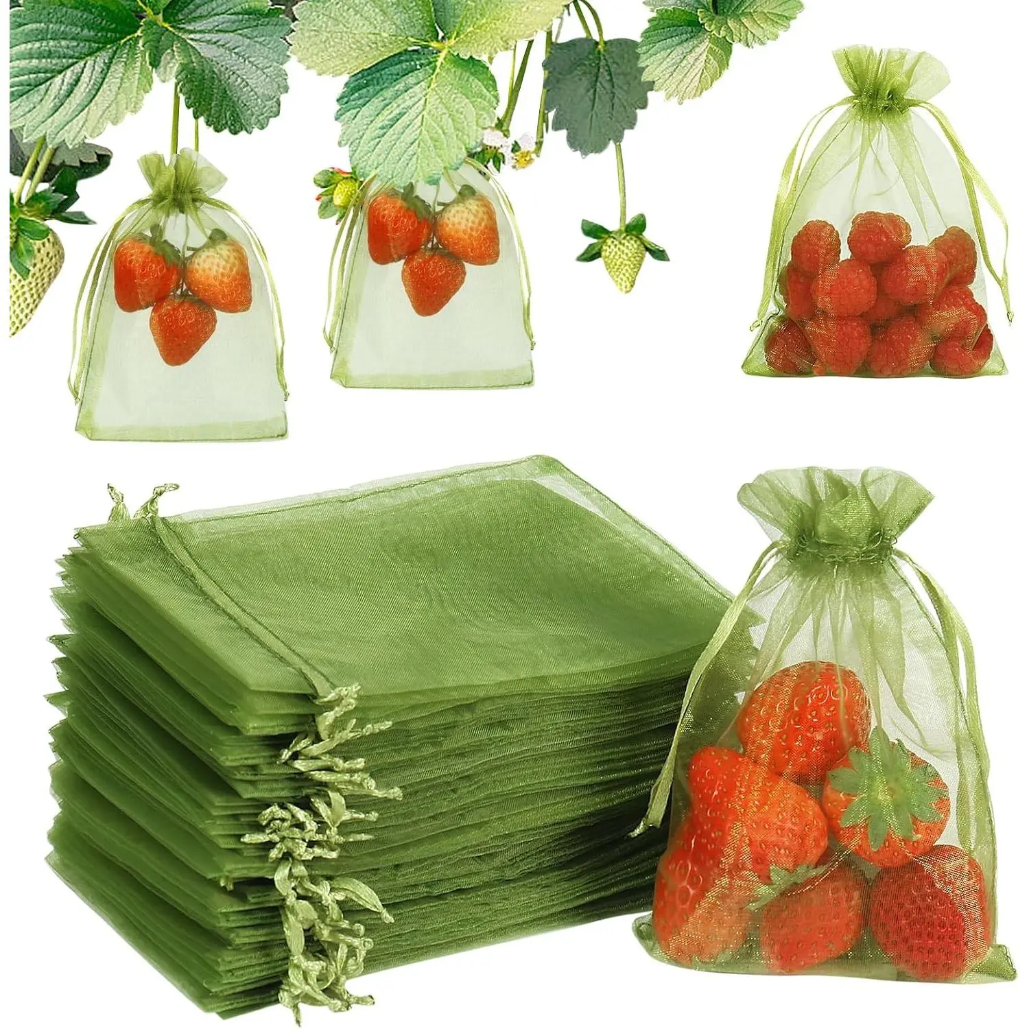 100Pcs Fruit Protection Bags, 4x6 Inch Green Strawberry Netting Cover Drawstring Mesh Bags Pest Barrier for Blueberry Small Fruit