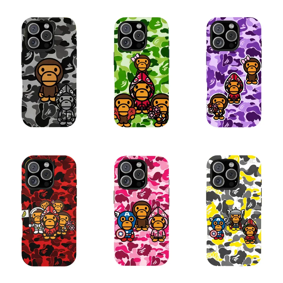 Bape Camo Shockproof Phone Case for iPhone 17 16 15 14 13 12 11 Pro Max Plus & Samsung Galaxy S23 FE S22 S23 – 2-Layer Hard Rubber Impact Protection – Glossy UV Printed Design