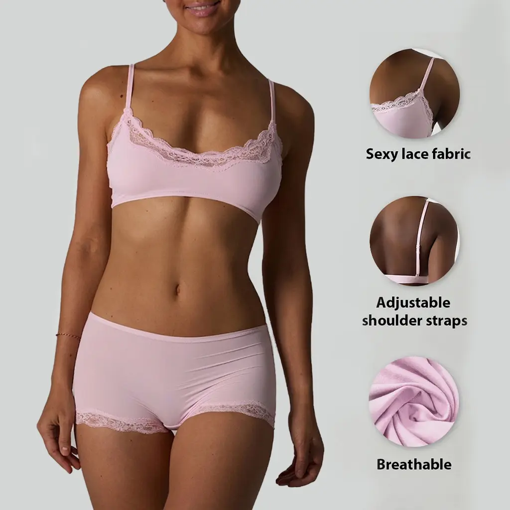 Women's 2-Piece Bra Sets, Elegant Lace Trim Spaghetti Strap Bralette and Brief, Seamless Wirefree Breathable Underwear, Clothing, Female, Low Waist, Lingerie Set, Bras For Women, Lacy, Wireless Bra