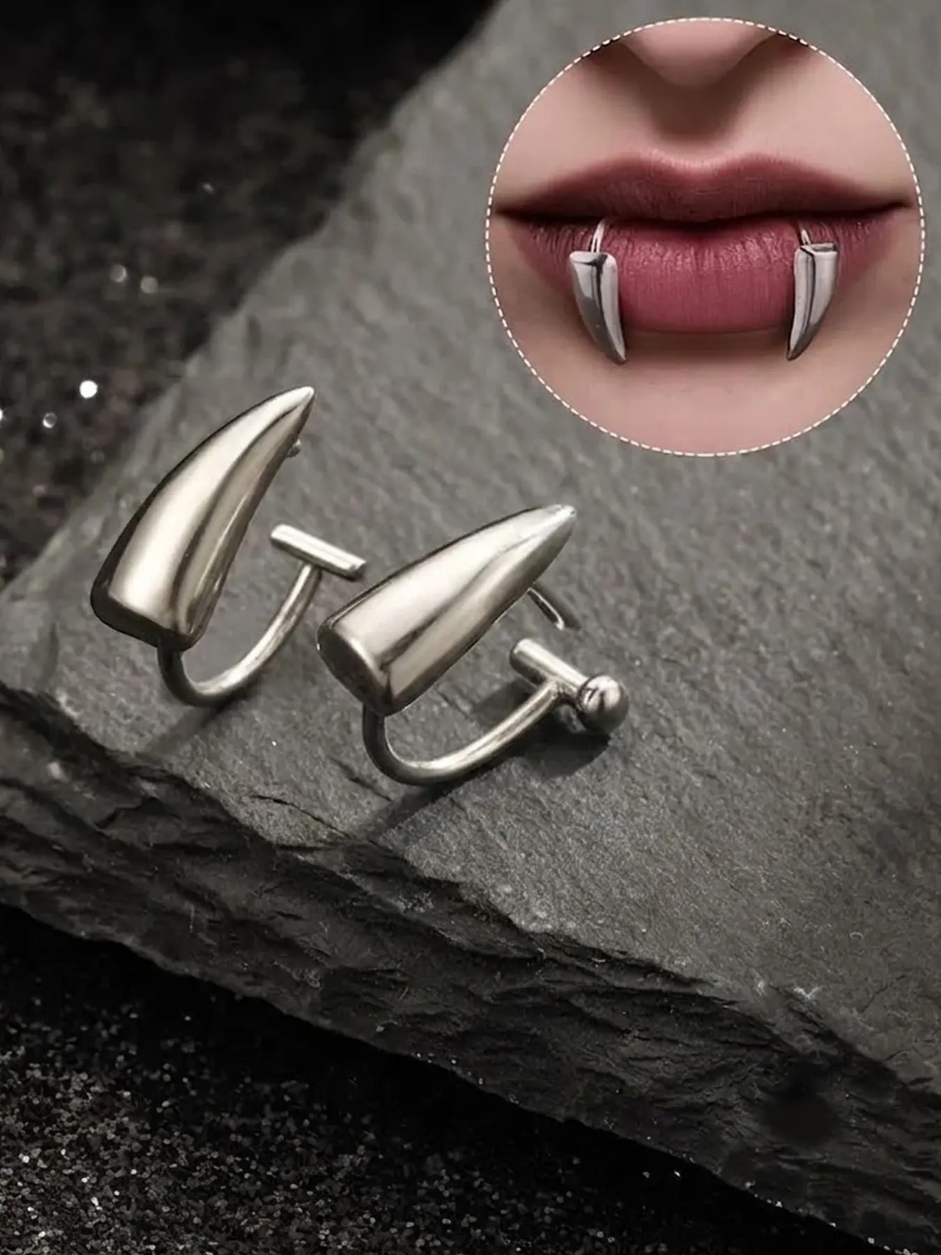 2PCS 316L Stainless Steel Fake Lip Ring, Fake Piercings, Mouth Ring, Vampire Fangs Lip Cuff Piercing Jewelry Hoops, Chic Body Jewelry, Fashion Body Jewelry, Faux Non-Piercing Labret, Snake Bites, Silver/Black