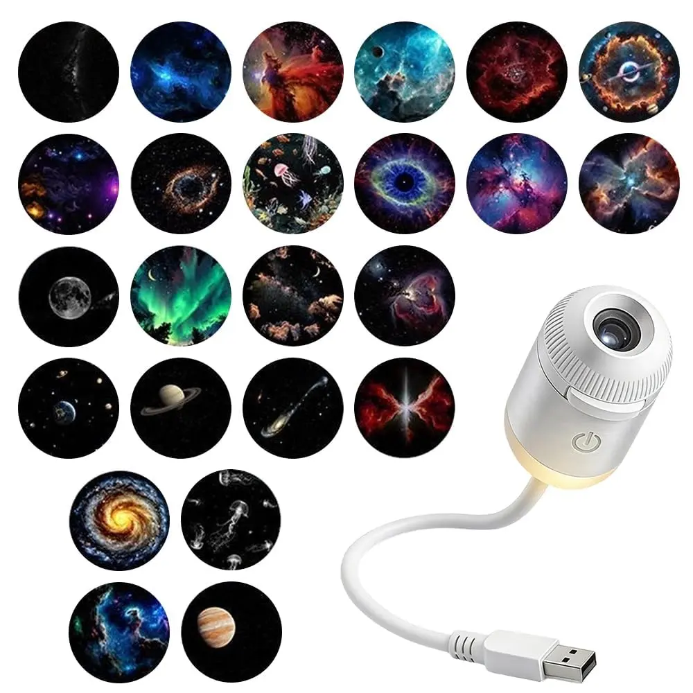 2-in-1 Planetarium Galaxy Projector Night Light, USB Starry Ceiling Projector with Adjustable Focus & Interchangeable Film Discs, Flexible Gooseneck Touch Control Lamp for Bedroom Decor (24 Slides)