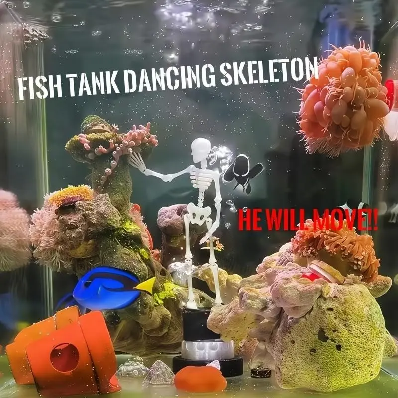 Halloween Dynamic Skeleton Fish Tank Ornament, Movable skeleton aquarium ornament, automatic dancing skeleton fish tank decoration, Halloween underwater scenery decoration, creative aquarium ornament, Aquarium Decorations