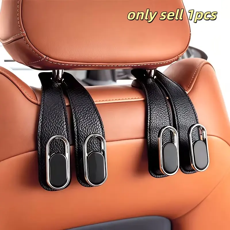 Car Headrest Dual Hook Accessory, Car Interior Storage Organizer, Durable Leather-Like Texture, Holds Cables, Bags, Cups, Phone, Easy Install, Ideal for Commuting, Long Trips, Family Travel