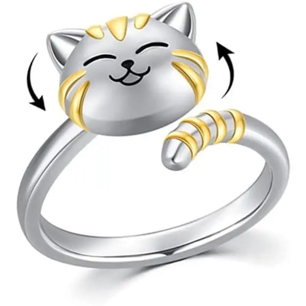 Cute Cat Pet Anxiety Relieve Spinner Rings Kitten Animal Fidget Open Adjustable Sterling Silver Plated Worry Stress Relieving Boredom ADHD Autism Jewelry Stacking Finger Promise Engagement Giftfidget toys