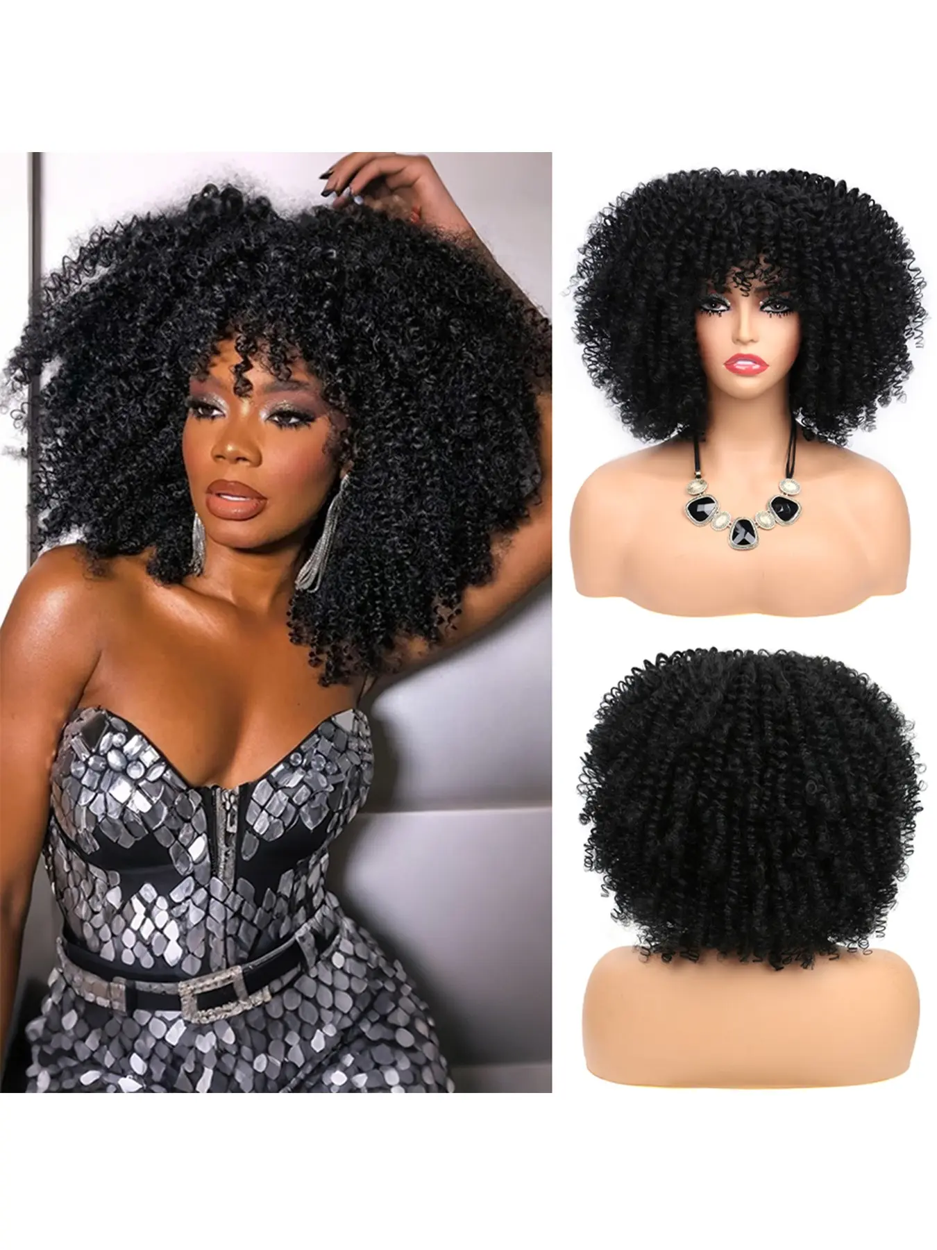 Short Curly Wig With Bangs Bob Afro Curly Wigs For Women 16 Inch  Bangs Synthetic Short Curly Wigs No Glue Full And Fluffy Like A Bomb For Daily And Work  Party Halloween Costume Events Wear Glueless Bangs Wig