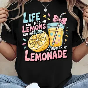 Unisex Crew Neck Short SleeveWomen's Fun Christian Faith T-Shirt- "Life Gave Me Lemons, But Jesus Made Lemonade" Bible Verse Design with Lemon and Lemonade Print, Breathable Short Sleeve Round Neck Casual Top, Light Yellow Inspirational Christian Clothing