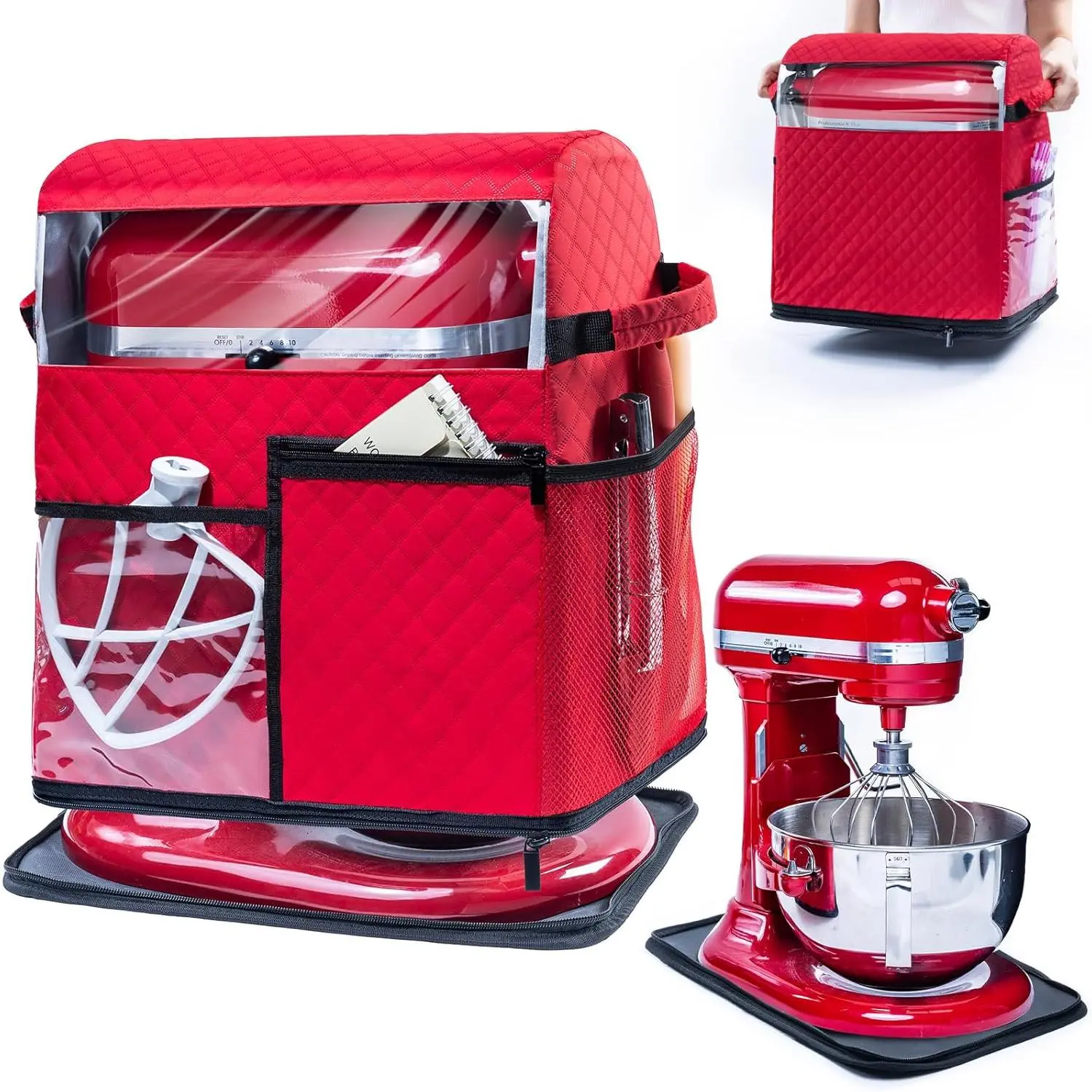 Stand Mixer Cover with Detachable Appliance Sliders Base Compatible with KitchenAid Mixer-Storage Bag for 6/7/8 Quart with Pockets for Kitchen Aid Accessories and Attachments