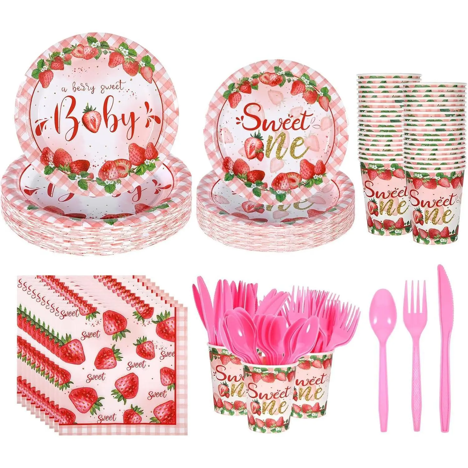 280 Pcs Strawberry Baby Shower Decorations for 40 Guests, Disposabe Strawberry Paper Pates Napkins Cups Knife Fork Spoon for Berry Sweet Baby is the Decorations Suppies for Girs