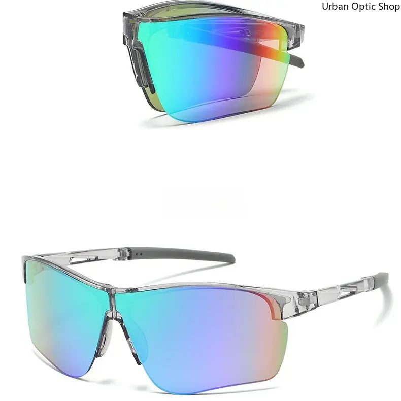XUH Unisex Foldable Half Rim Sports Sunglasses, Clear Grey Frame Colorful Mirrored Reflective Lenses, Lightweight Durable Eyewear for Cycling, Driving, Running, Hiking, Travel & Outdoor Activities