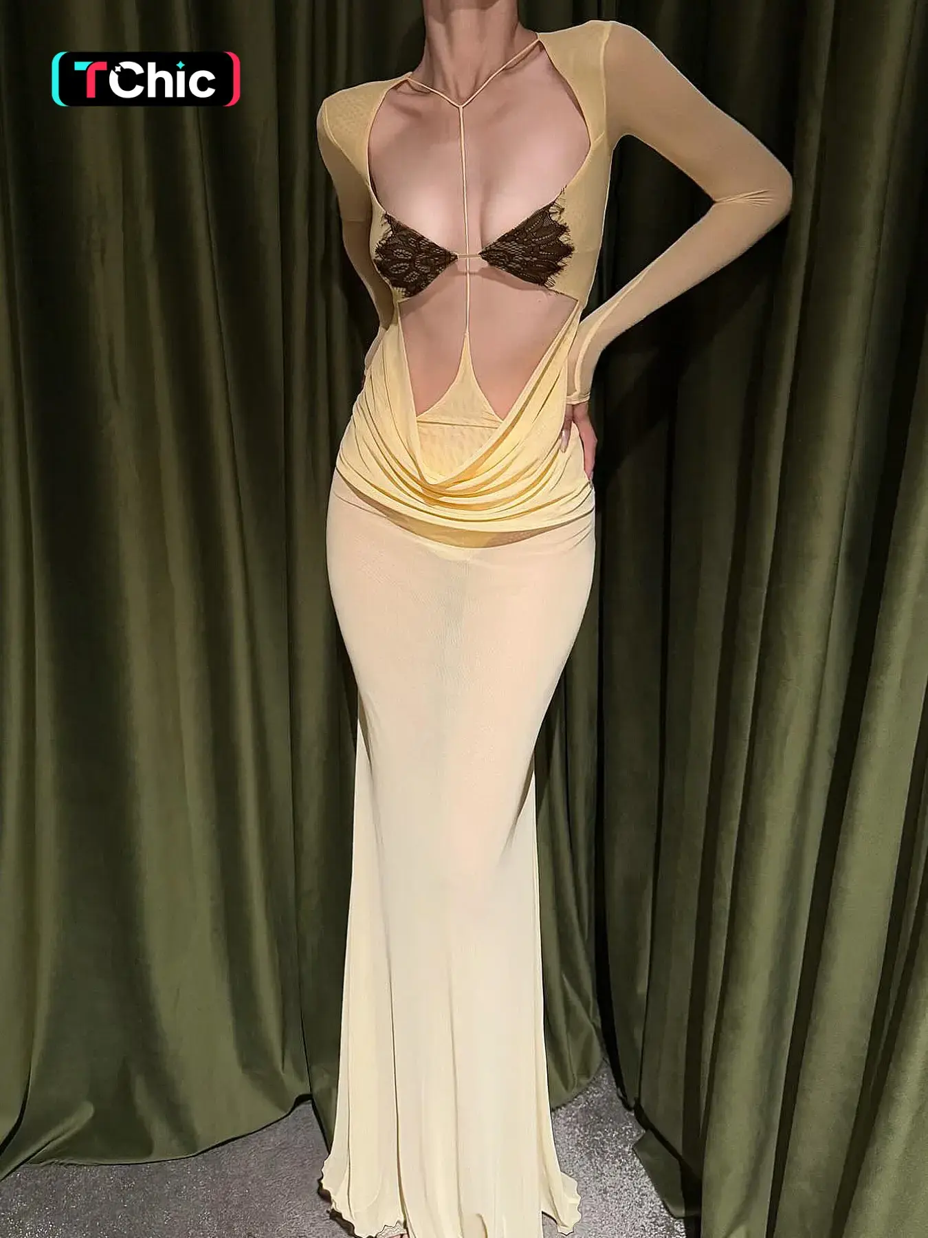 Luxurious Sheer Transparent Mesh Long Sleeve Lace Dress, Summer Beach Cover-Up, Evening Party Gown, Lightweight and Breathable