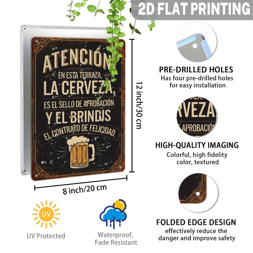 Spanish Phrase "On This Terrace" Metal Sign – Vintage Humorous Beer Approval Seal & Toast Agreement Wall Decor – Retro Iron Bar Sign for Kitchen, Cave, Patio – Spanish Language Gift for Home & Outdoor – 2D Flat, 1pc