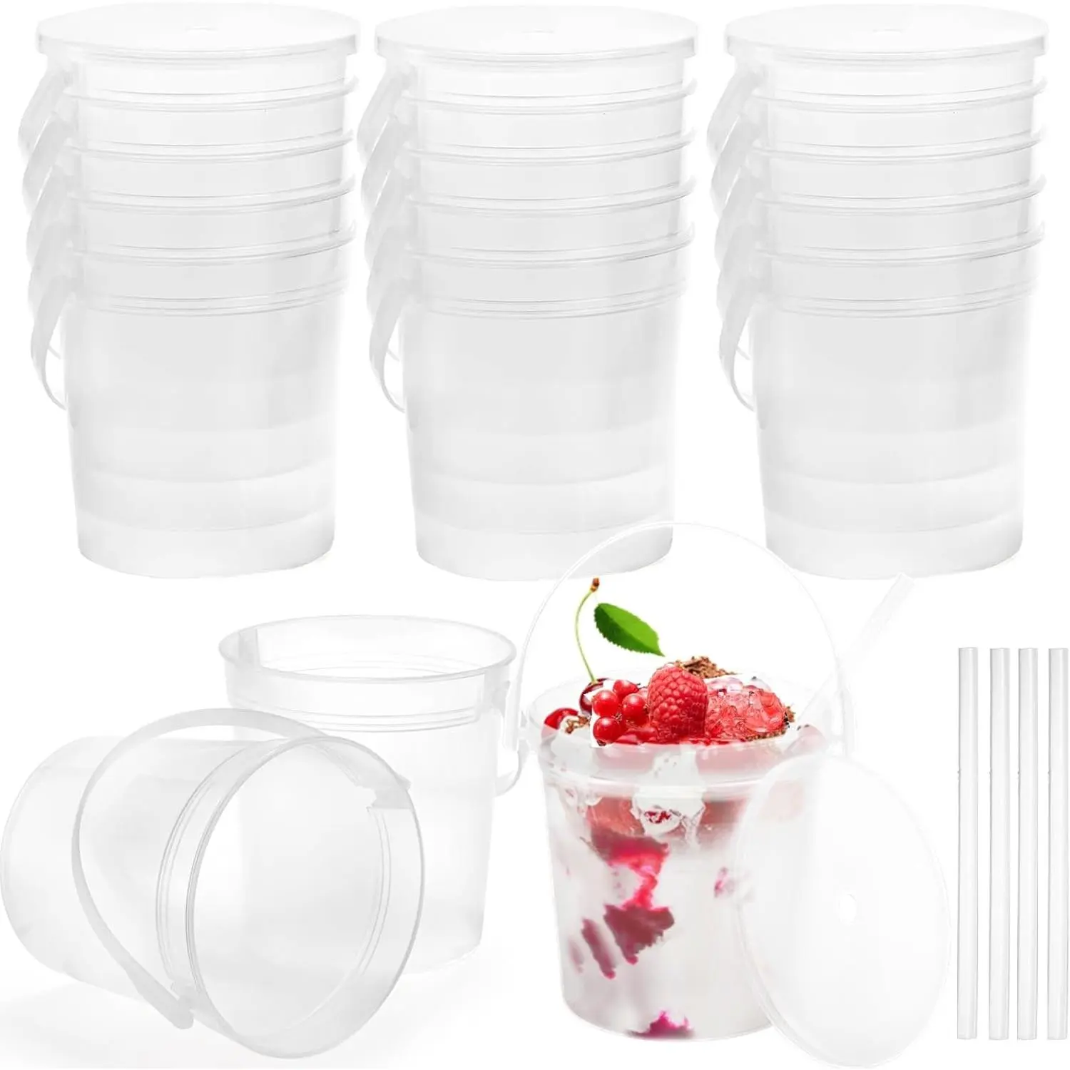 20 Pack Plastic Rum Buckets for Drinks, 32OZ Cocktail Buckets with Lid and Straw, Reusable Smoothie Bucket, 1Liter Large Ice Cream Pails for Halloween Football Parties Bar