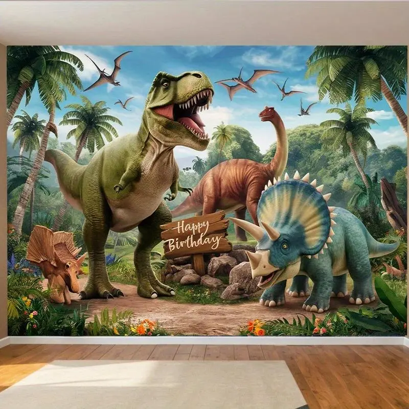 Dinosaur Jungle Tapestry Wall Hanging, Polyester Prehistoric Animal Theme Decor for Father's Day, Family, Engagement, Thanksgiving, Church - Kids Birthday Party, Baby Shower, Studio Safari Photography Backdrop Prop Banner