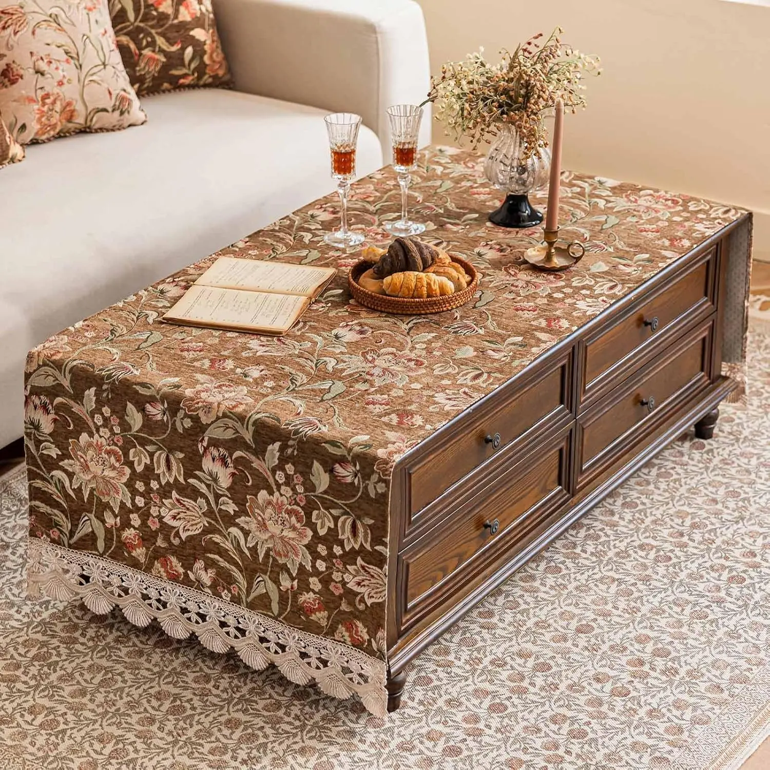 Luxury Chenille Fabric Rectangle Coffee Table Cover - Non-Slip Silicone Backing, Heavyweight French Jacquard Cloth with Lace Trim, Vintage Floral Print Furniture Protector (Mgltz Brown Floral, 63x23.7in LxW)