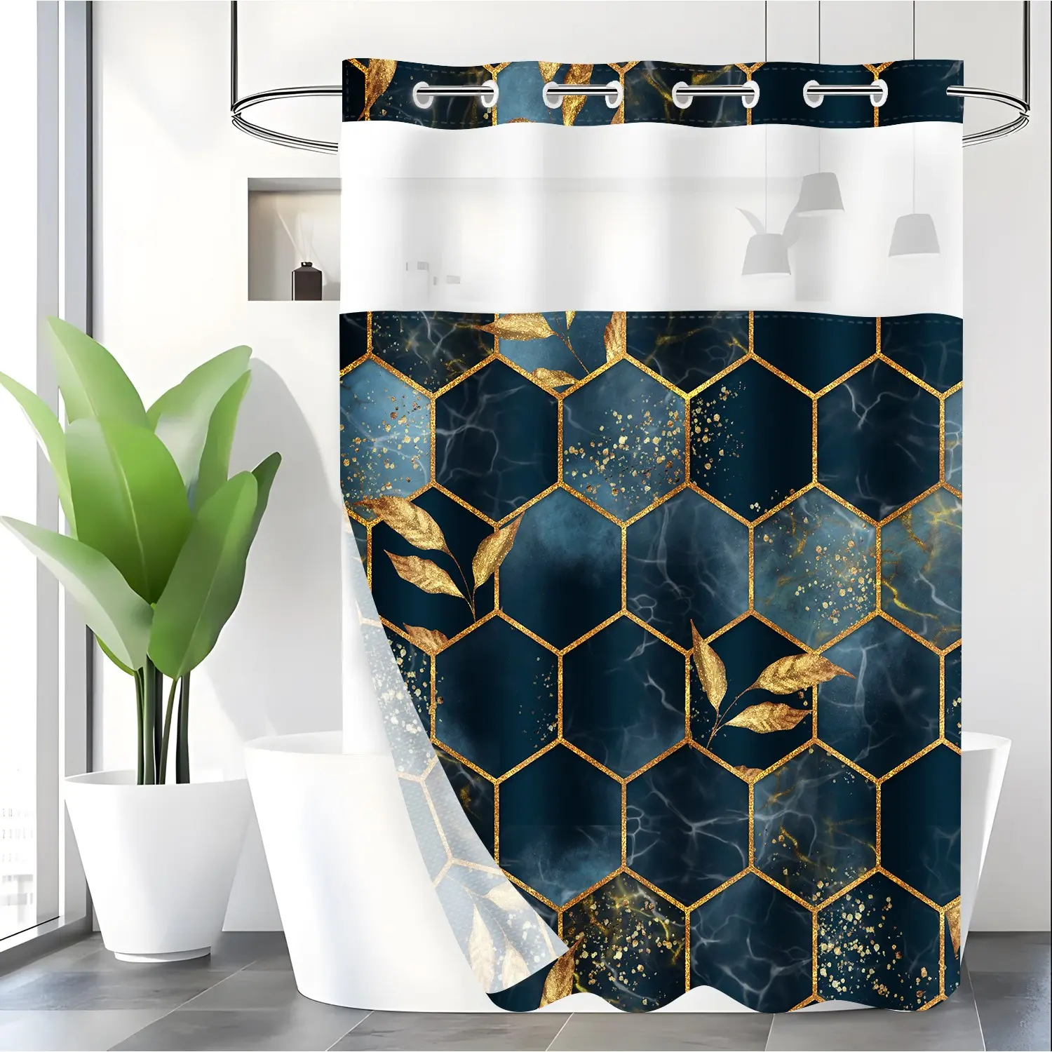 LVRLVR 1pc creative geometric pattern shower curtain for bathroom decoration, waterproof shower partition curtain for stylish bathroom accessories, elegant bathroom decoration set with vivid design. 70.8*74 inches