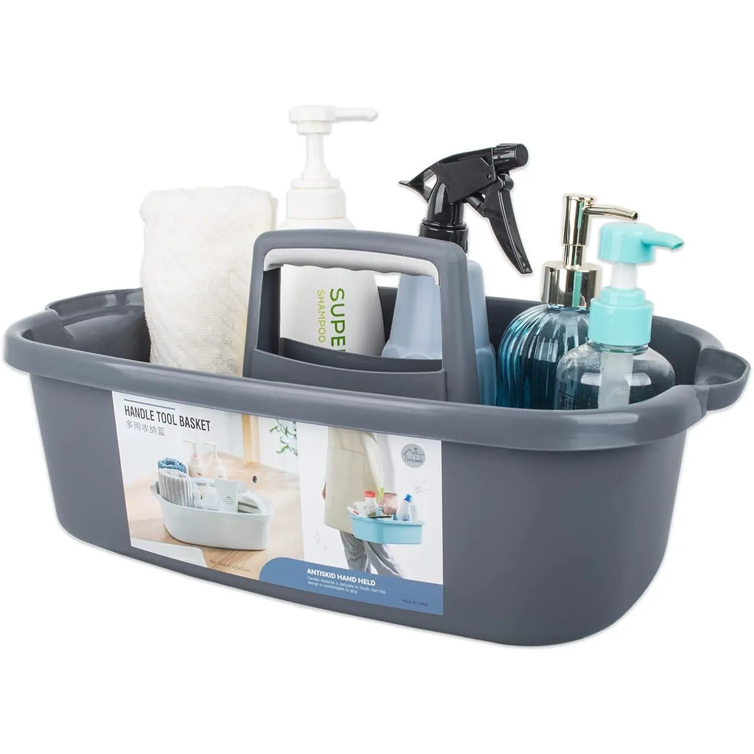 Large Modern Plastic Storage Basket with Handle - Sturdy, Smooth Organizer for Bathroom/Kitchen - Holds Laundry, Cleaning Supplies, Portable Shower Tools - Home Organizer Essential
