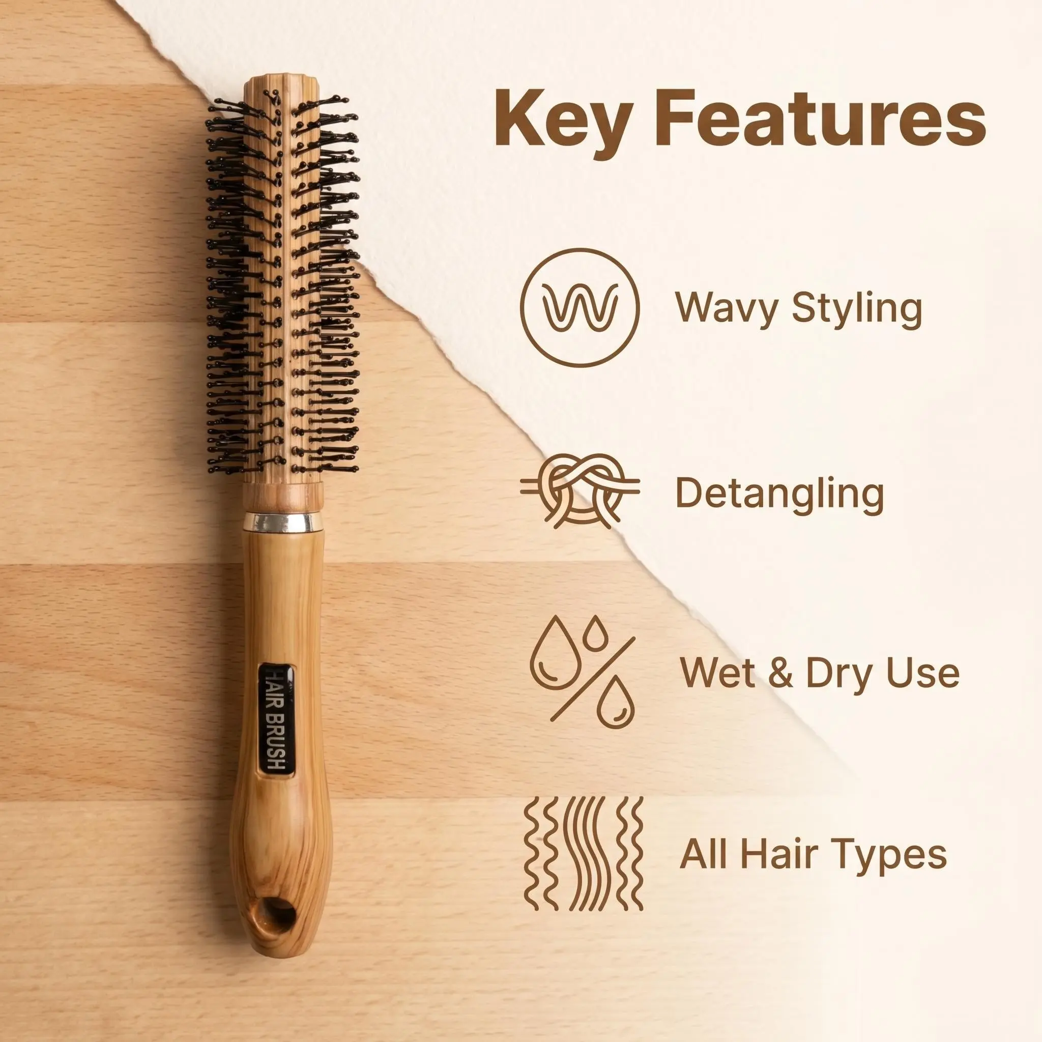 Wood Grain Round Comb, Comb Design, High-Quality Teeth, Wavy Hair Styling, Texturizing Combs, Suitable for All Hair Types, Portable, Easy to Dry Wet Hair, Salon & Home Use, Plastic Material, Gift Idea