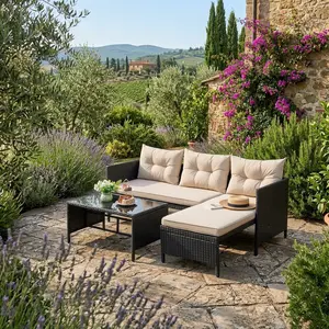 3 Piece Beige All Weather PE Rattan L-Shaped Patio Sectional Sofa Set, Chaise Lounge & 2-Seat Loveseat with Button Tufted Thick Soft Cushions Rustproof Iron Alloy Frame Tempered Glass Coffee Table Outdoor Wicker Couch Furniture for Backyard Garden Patio B