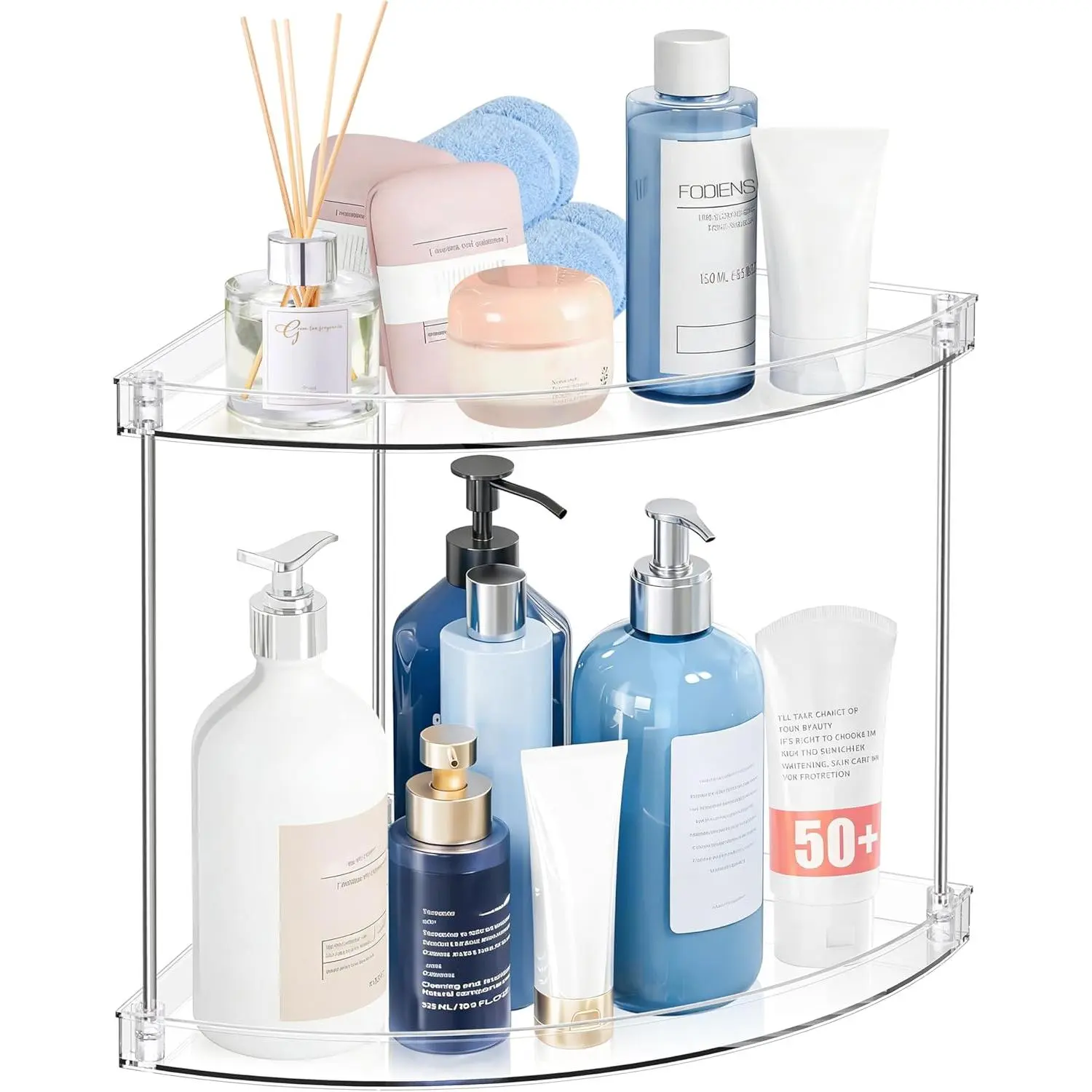 2-Tier Triangular Plastic Suction Bathroom Corner Organizer - Smooth, 8.3-inch Height, Holds Heavy Bottles Securely, Spot Clean Tiered Shelf for Vanity Countertop Skincare & Beauty Supplies Storage