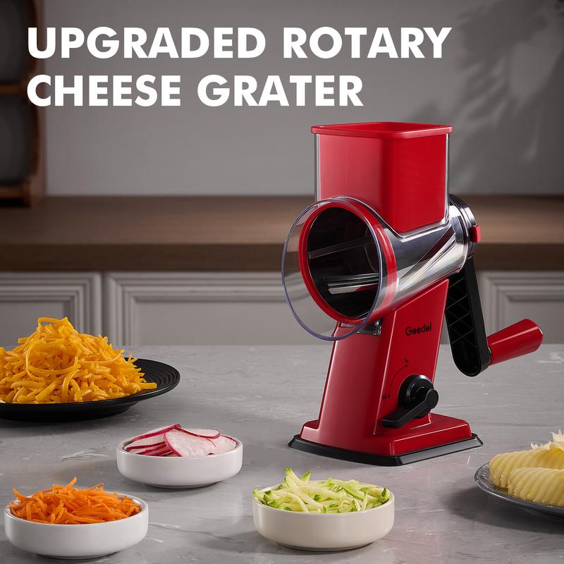 Geedel Rotary Cheese Grater 4-in-1 Shredder with Handle Durable Kitchen Tool Red Color Utensils for Effortless Cheese Preparation Vegetable Slicer Detachable Stainless Steel Blades Rack