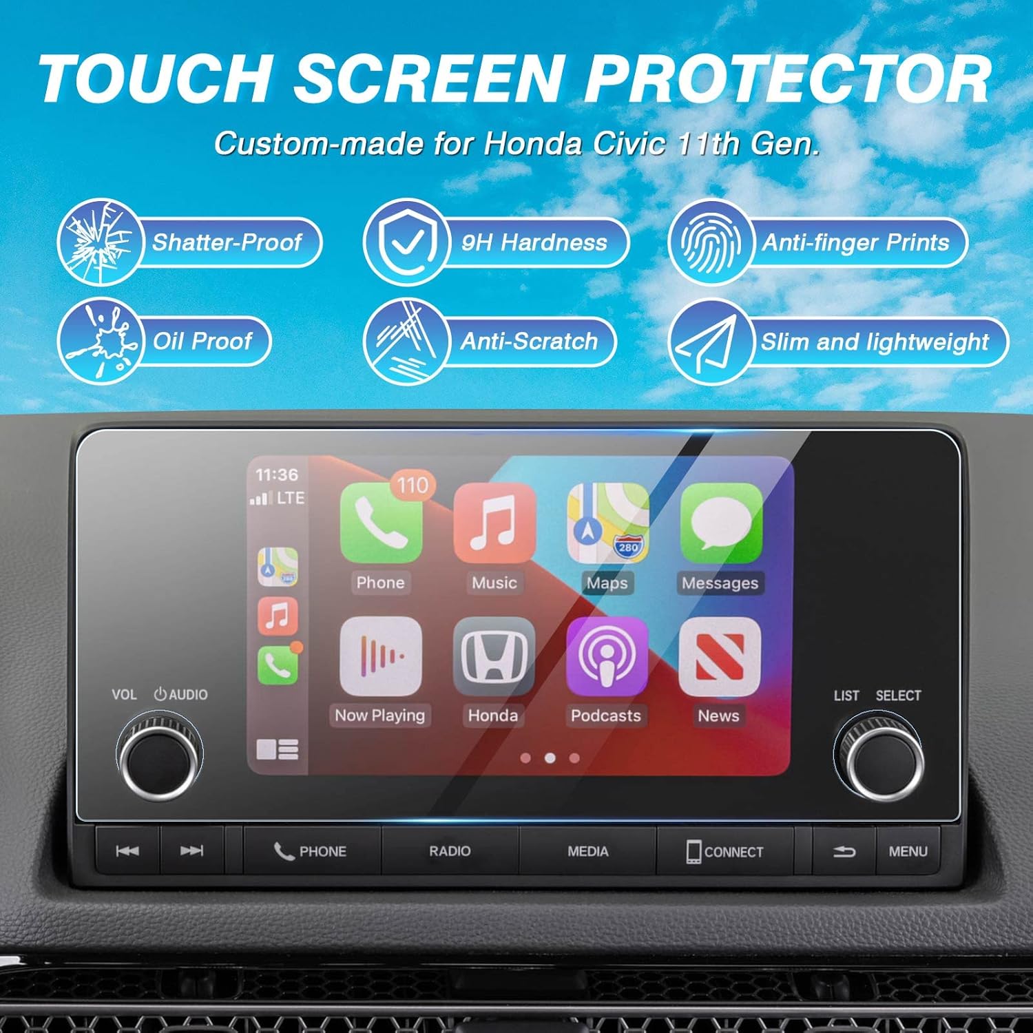 Tempered Glass Screen Protector for Honda Civic LX Sport EX 2022-2024 2025 11th Gen. /CR-V 2023-2025 CRV 7-Inch Touchscreen, Anti Glare Anti Fingerprint Car Radio Screen Cover