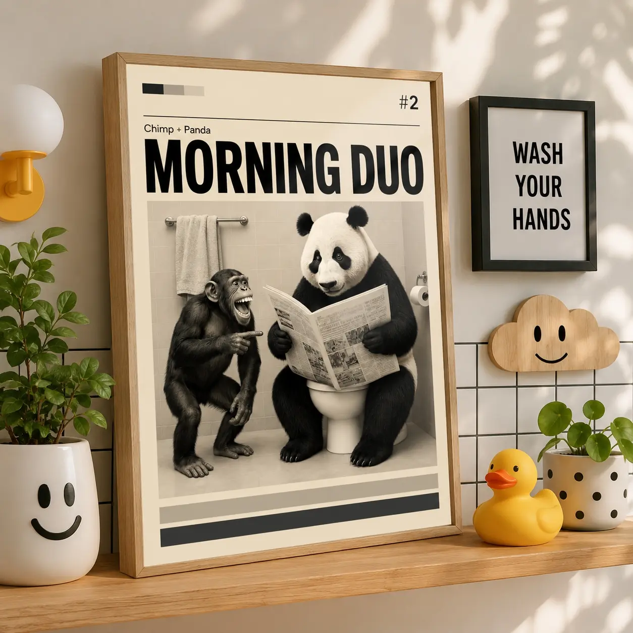 Funny Monkeys versus Pandas Waterproof Self-Adhesive Wall Poster HD Peel and Stick Wall Art Decor for Bedroom Living Lavatory Room Office Bar Multiple Sizes