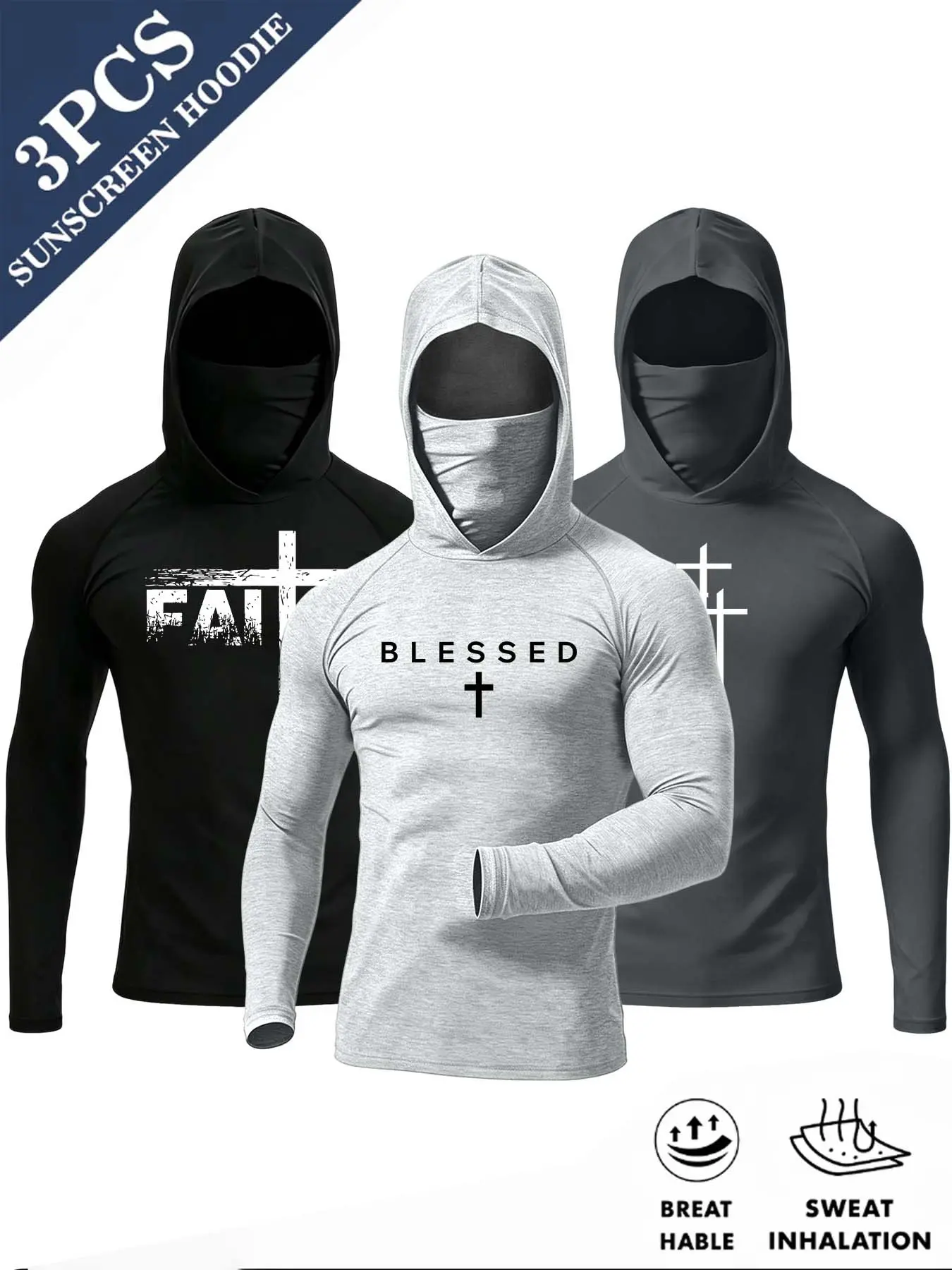 Men's Hooded Sportswear Set, Breathable Elastic Material, Cross Blessed Design, Ideal for Sports, Lightweight Comfort, Perfect for Daily Wear, Casual Outdoor Activewear