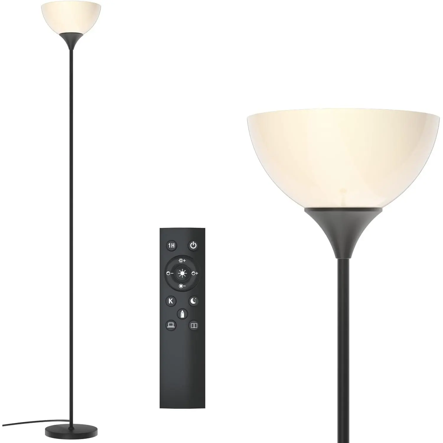 PESRAE Matte Black Torchiere Floor Lamp with Remote Control, Stepless Color Temperatures, Adjustable Brightness, 9W E26 Base LED Lights, Metallic Frame, Bulb Included for Indoor Bedroom, Living Room Decor, Indoor Use