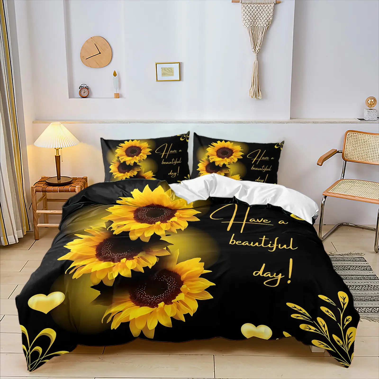 Pastoral Style Bright Yellow Sunflower Heart Print Duvet Cover Set, Include 1 Quilt Cover and 1/2 Pillowcases, Warm Blessing Quote Household Bedroom Decor Comforter Cover, Soft Comfortable, Stain Resistant, Print Bedding Set