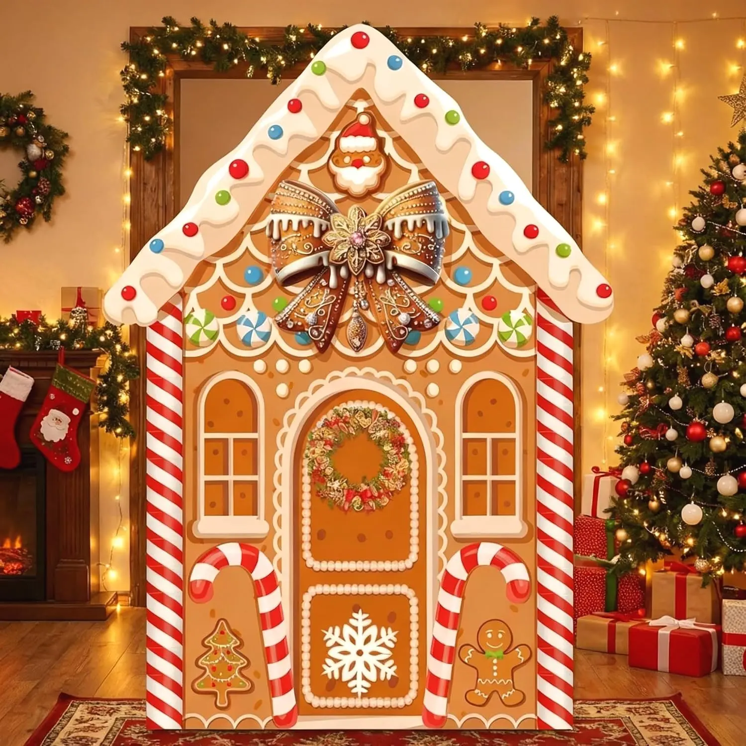 Large Christmas Gingerbread House Decorations, Gingerbread House Backdrop Photo Prop, 8 x 6 ft Fabric Xmas Candy Backdrop Decor for Holiday Party Decor