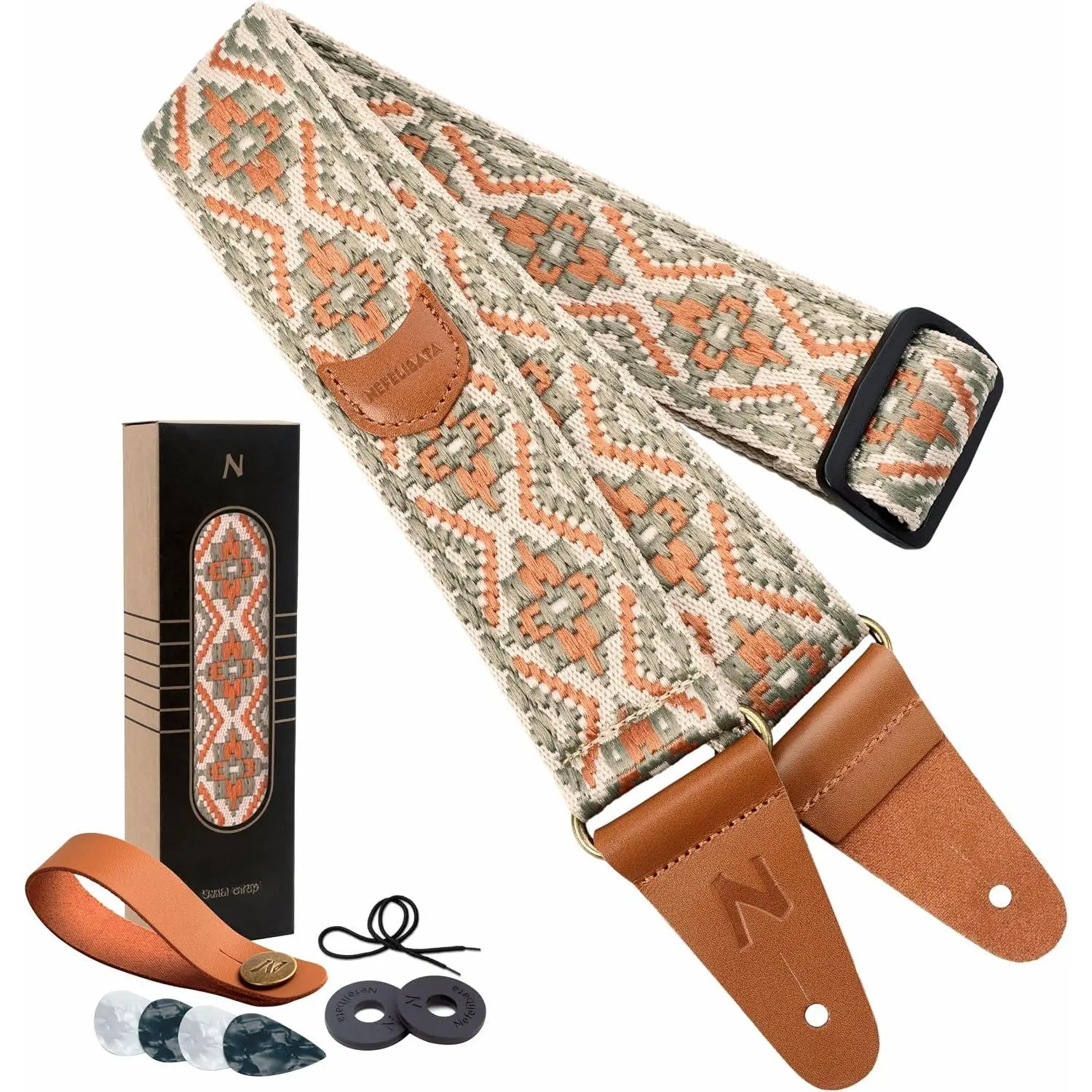 Guitar Strap with Pick Pocket,  Cowhide Leather Ends Guitar Straps for Bass, Electric & Acoustic Guitar, with Free Strap Button, Locks and Picks