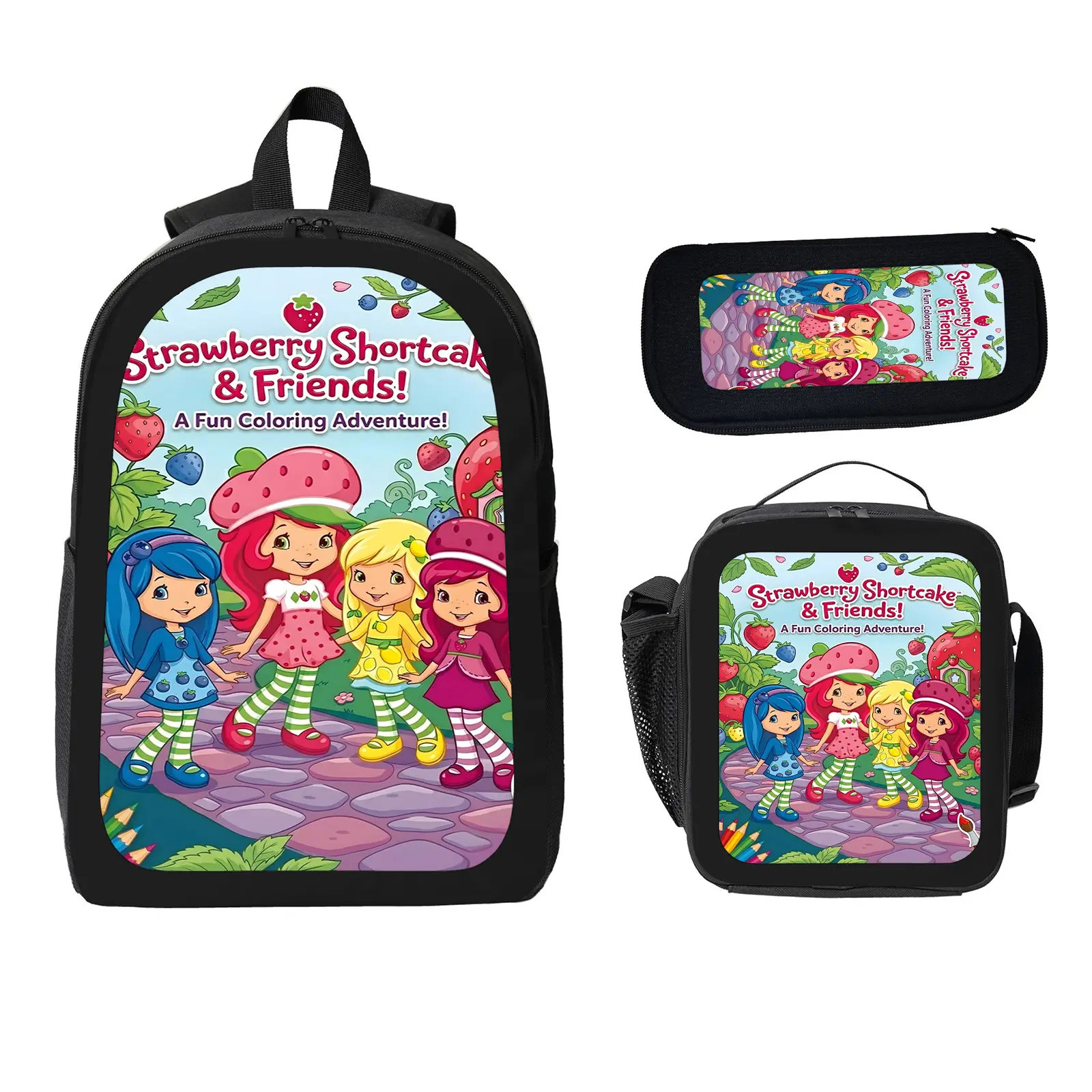 Strawberry Shortcake 3 Pcs School Backpack Set for Boys Girls Kids, Large Capacity Bookbag with Insulated Lunch Bag Pencil Case, Water Resistant Travel Daypack for Elementary Middle School b-72