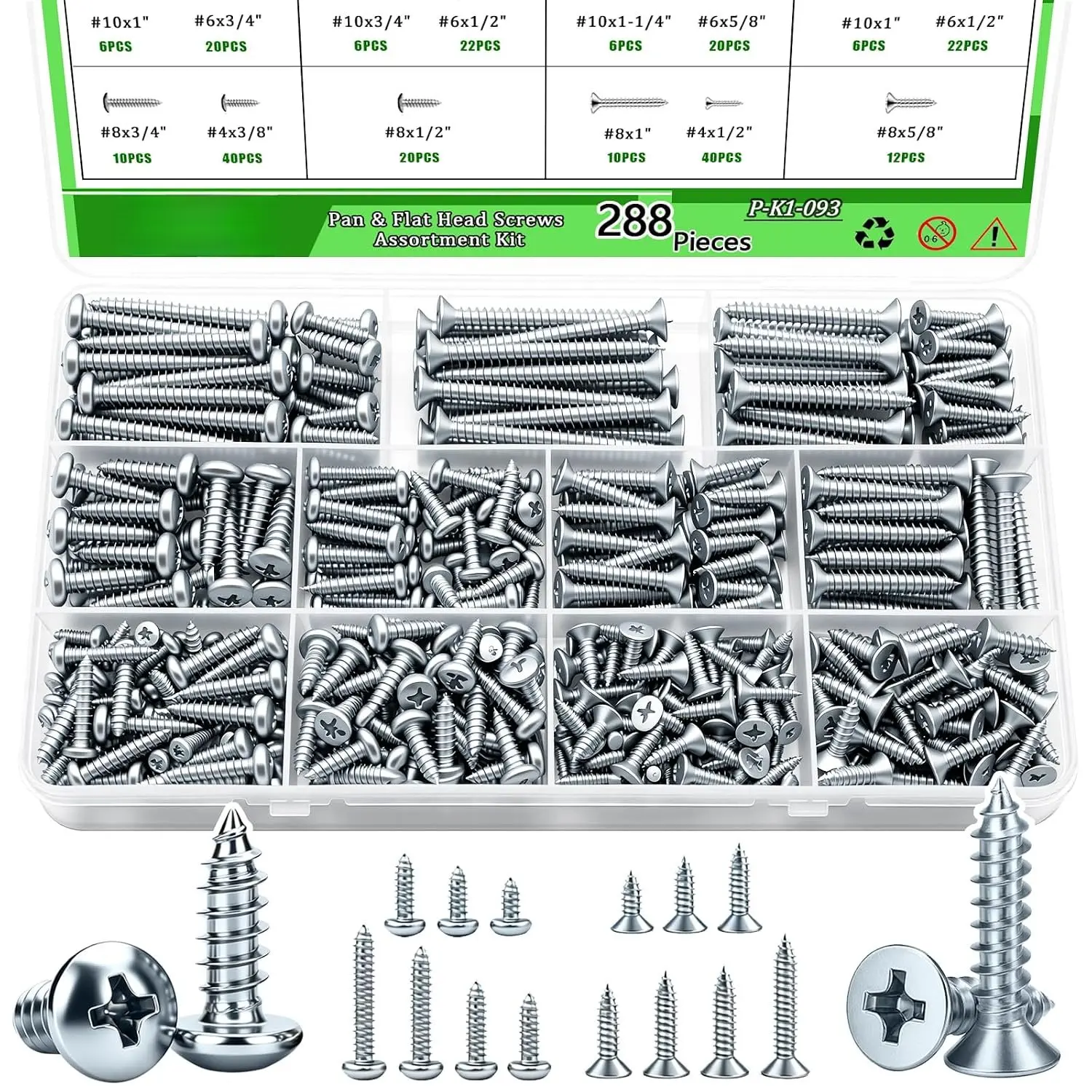 288 count Screws  Kit,Self Tapping  Screws #4/#6/#8/#10 Screw  Kit,Round  Screws Length 3/8" to 2",Sheet Metal Screws