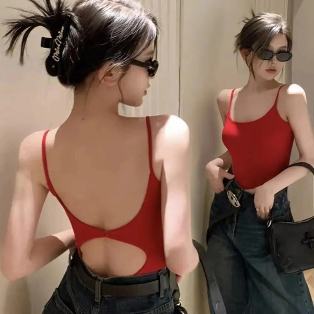 Women's Polyester Casual Hollow Cutout Open-Back Bodysuit - 1pc Daily Lightweight Sleeveless Tank Top, Sleek, Padded, Breathable, Fit Weight 40-65kg, Street & Sweet Styles, High-Quality, Chest Pads, One Size, 1Pc Top, Slim-Fitting