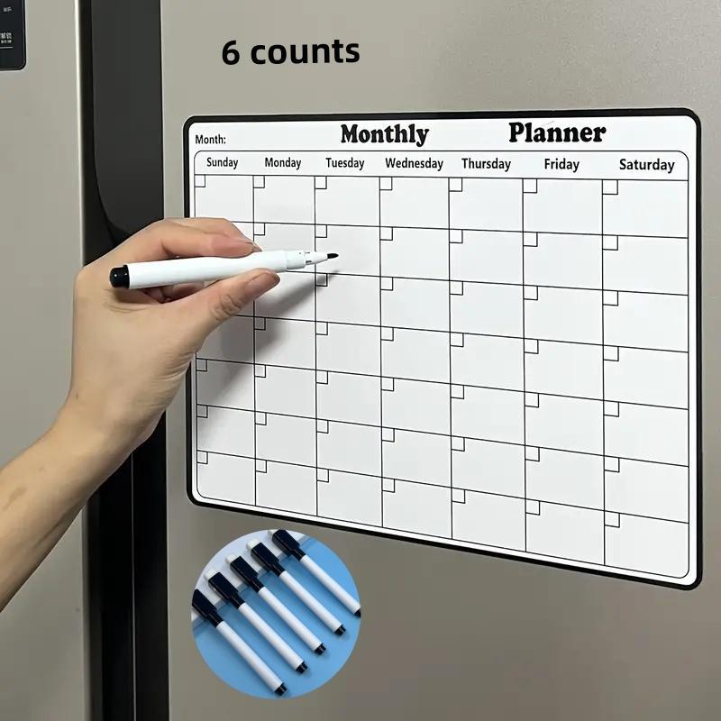 6-Piece Magnetic Calendar Set with 5 Dry Erase Markers, Refrigerator Whiteboard Monthly Planner, Eco-Friendly Kitchen Accessories, Magnetic Dry Erase Calendar for Home Organization