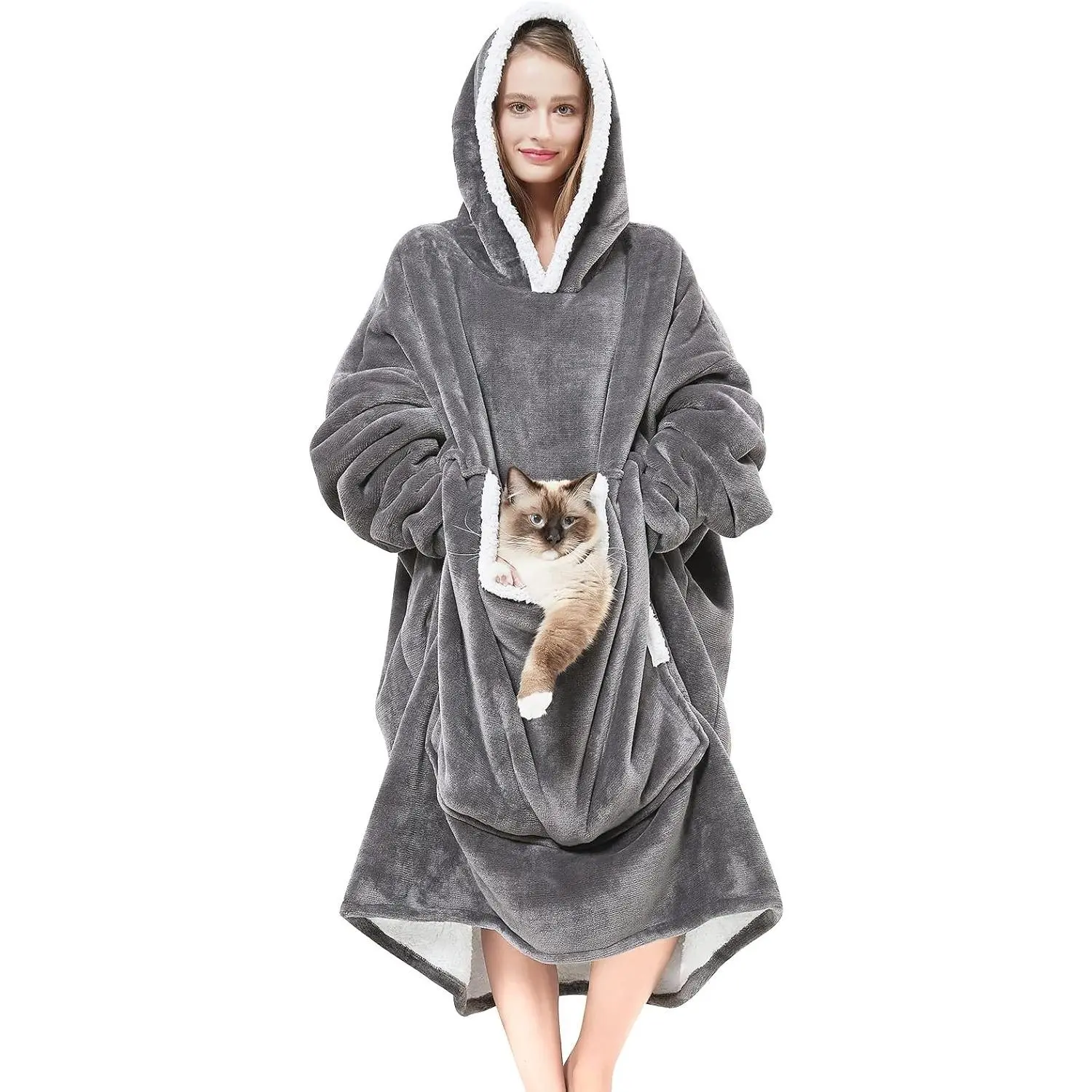 Wearable Blanket Hoodie with Giant Pocket (Pet Won't Leave) Extra Soft Sherpa Fleece Thick Warm Cozy Oversized Sweatshirt Blanket Jacket with Sleeves Grey